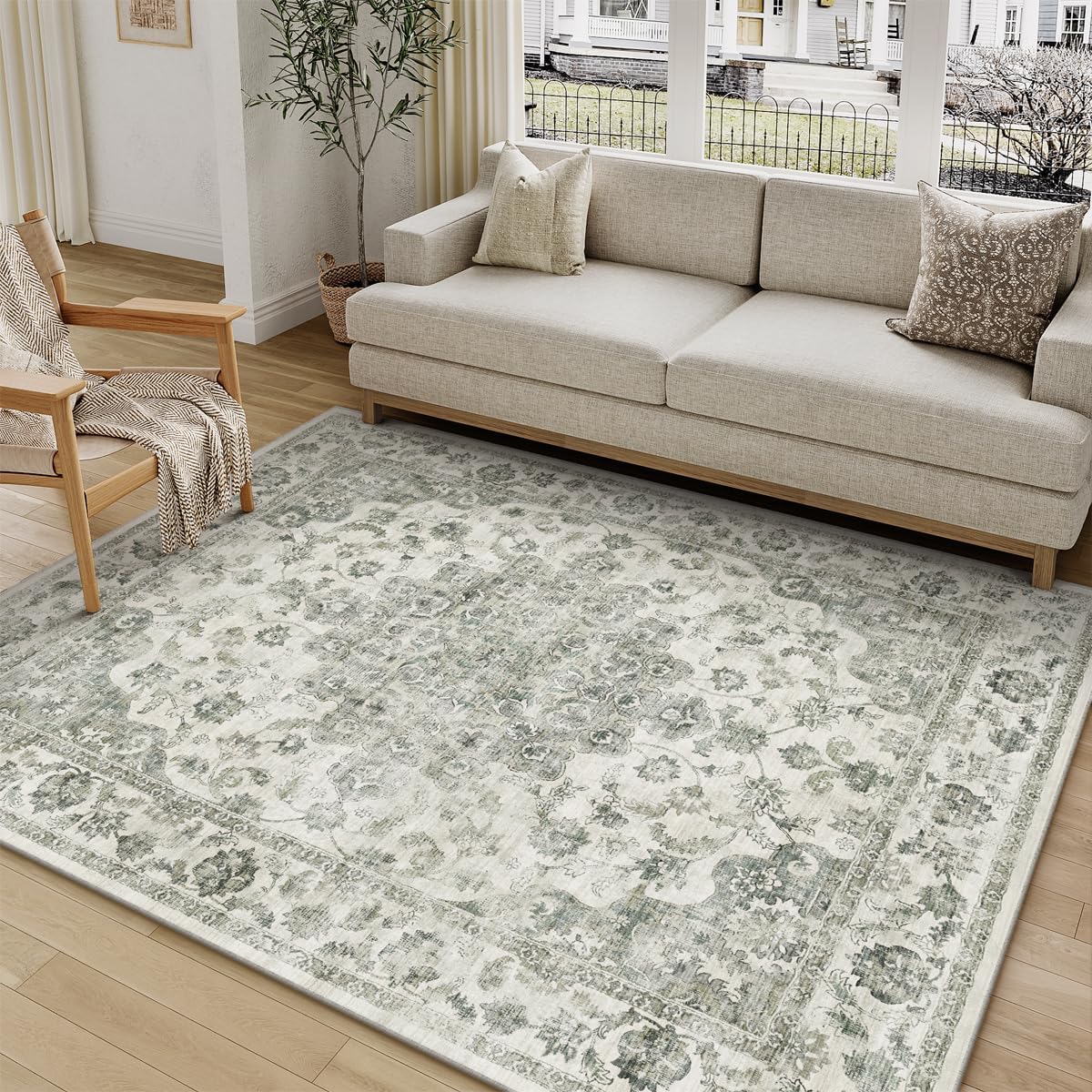 5x7 Washable Neutral Area Rug for Vintage Living Room Style