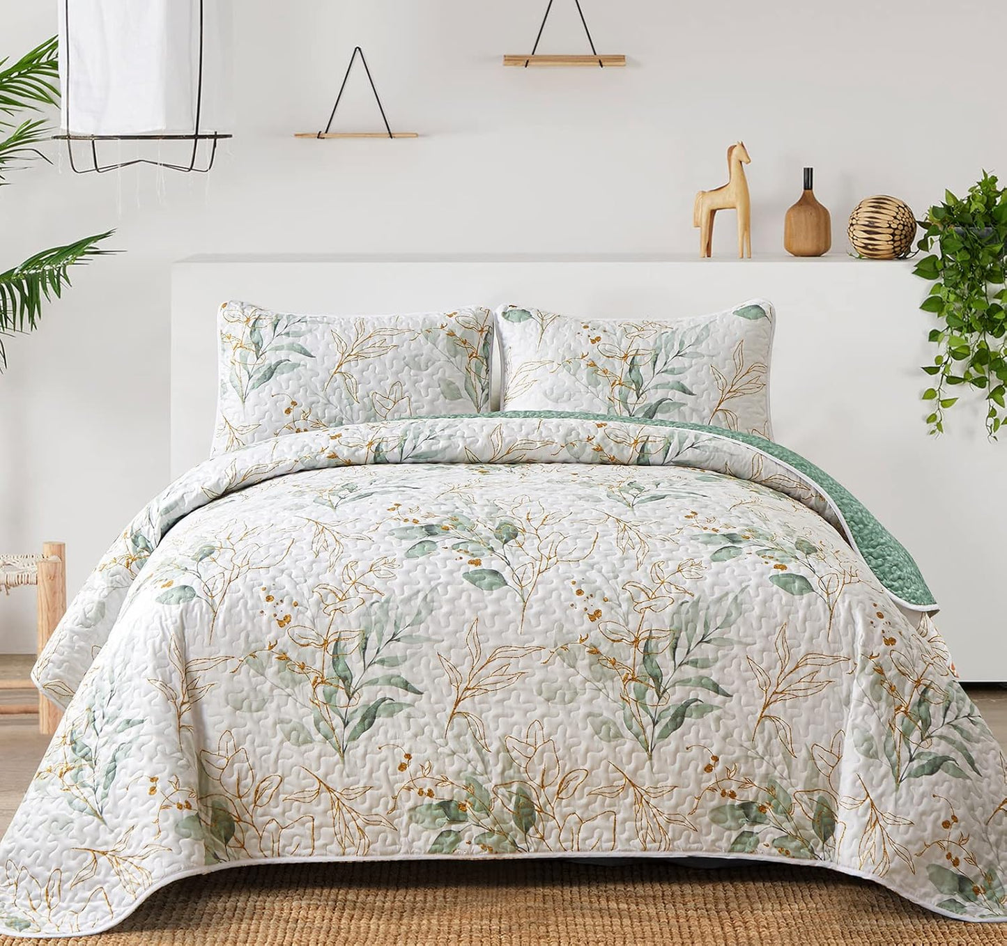 Floral Quilt Queen Size - Green Botanical 3 Piece Bedspread Set