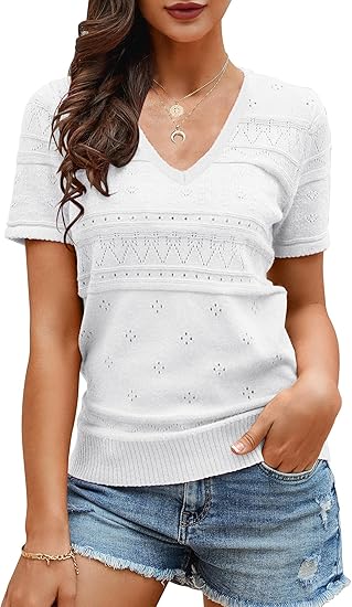 Foshow Womens Puff Short Sleeve Sweater Tops for Summer Style