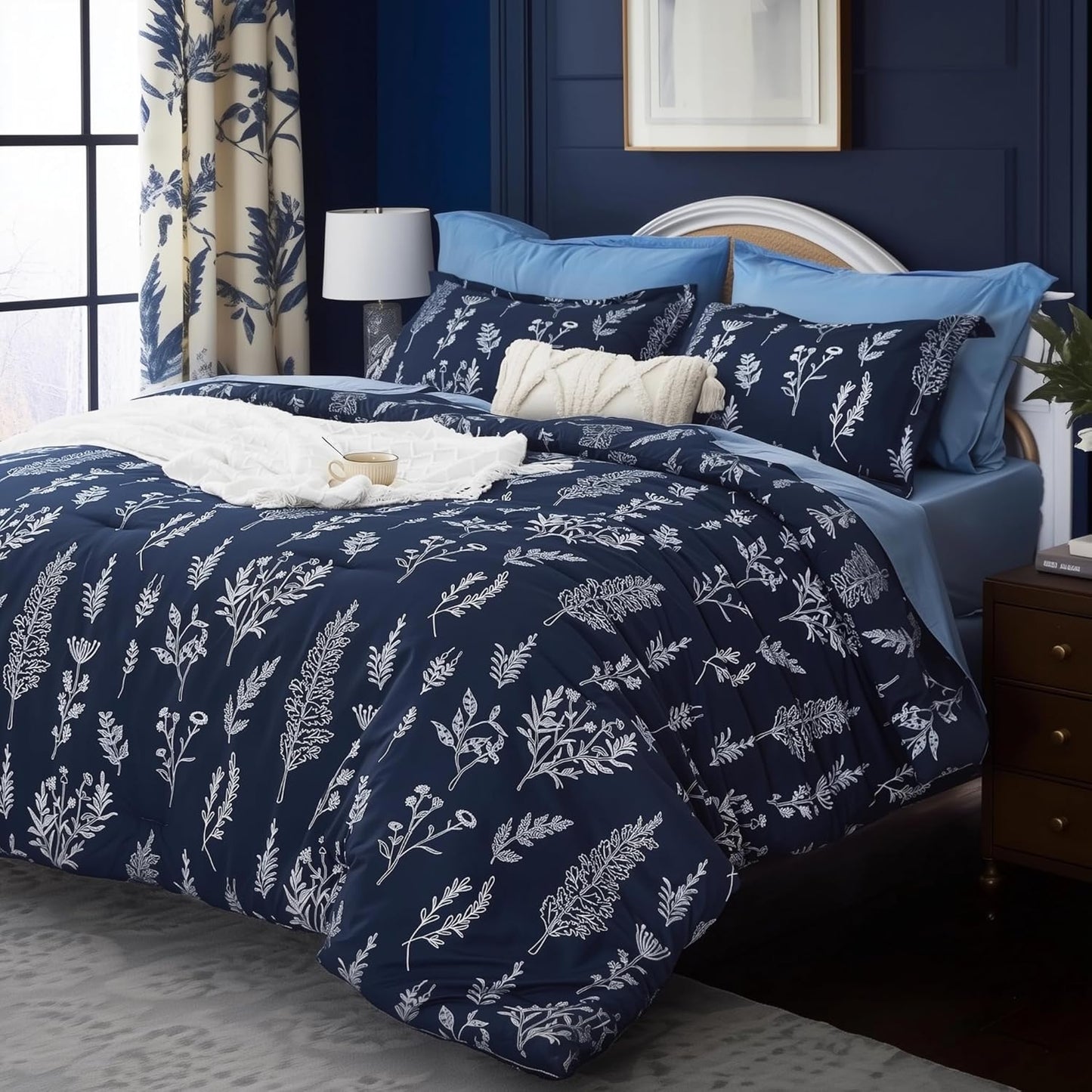 Floral Comforter Set Full Navy Blue Cute Flower Bed in a Bag