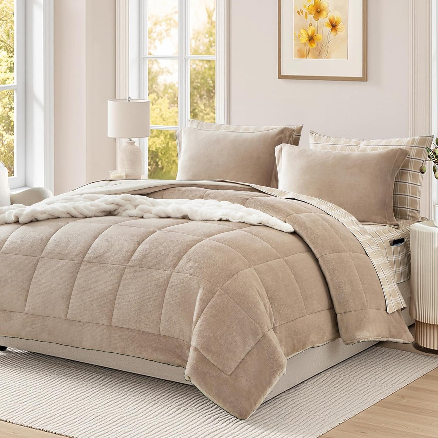 Plush Queen Comforter Set Light Taupe for Cozy Winter Nights