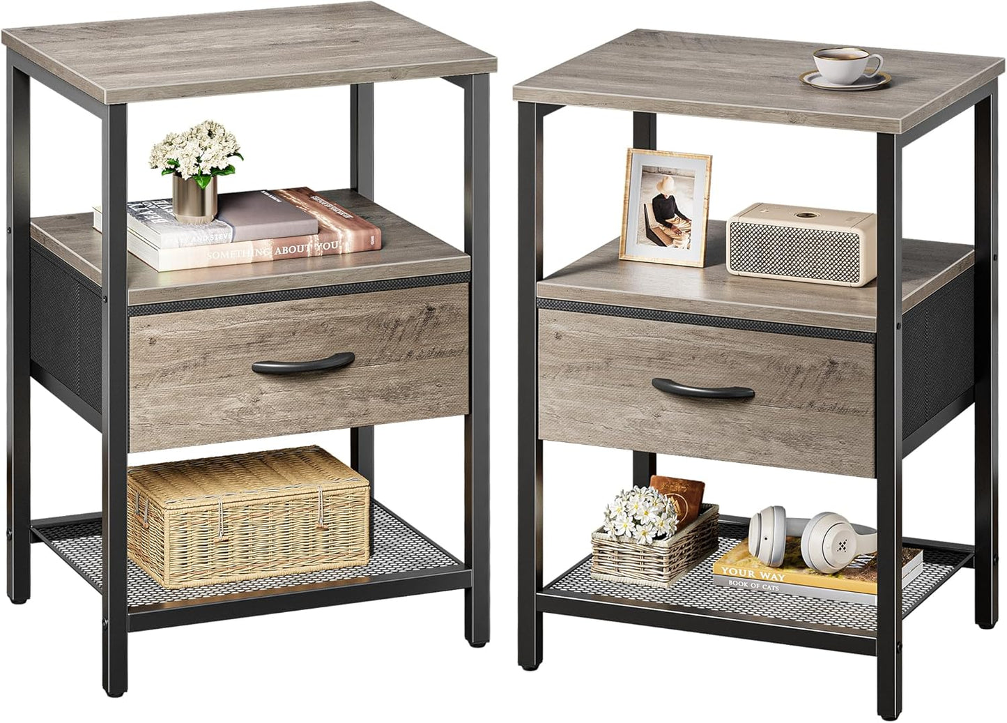 Huuger Nightstand Set of 2 with Fabric Drawer and Mesh Shelf
