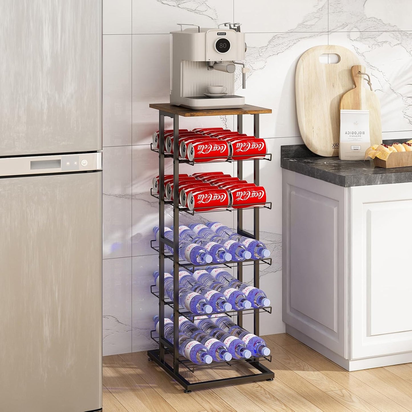 Large Capacity Water Bottle Storage Rack with Wooden Top
