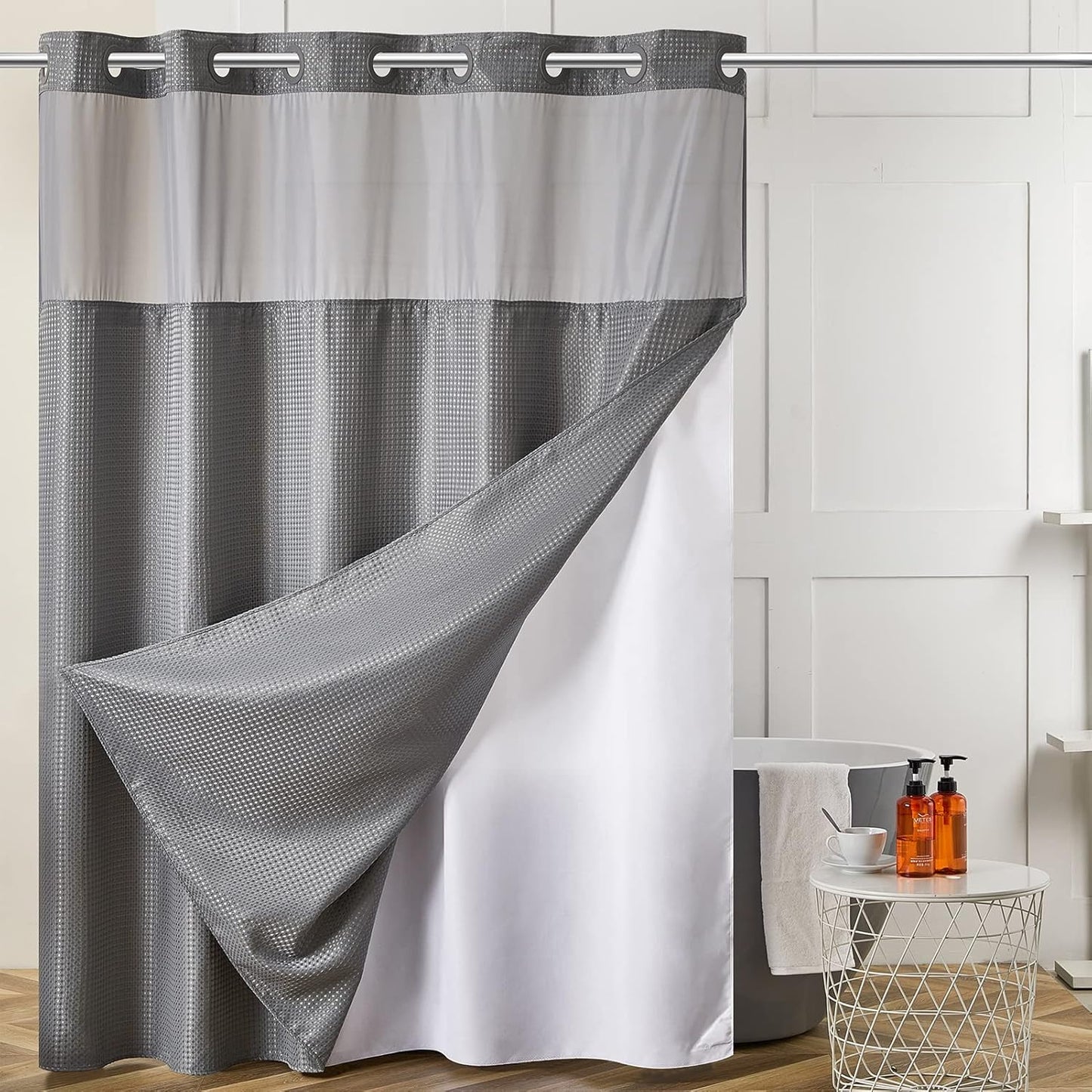 Extra Long Waffle No Hook Shower Curtain with Snap in Liner