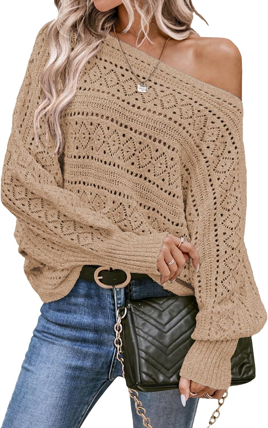 EVALESS Women's Crochet Boat Neck Long Sleeve Sweater for Fall
