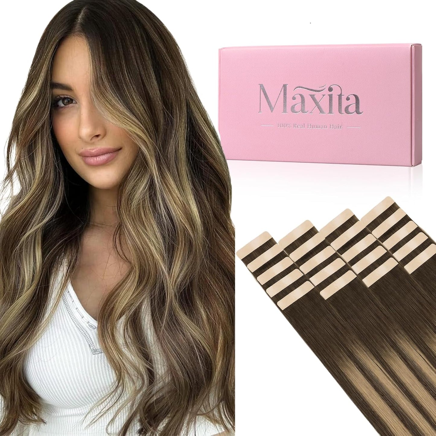 Tape in Hair Extensions Human Hair, Balayage Chocolate Brown