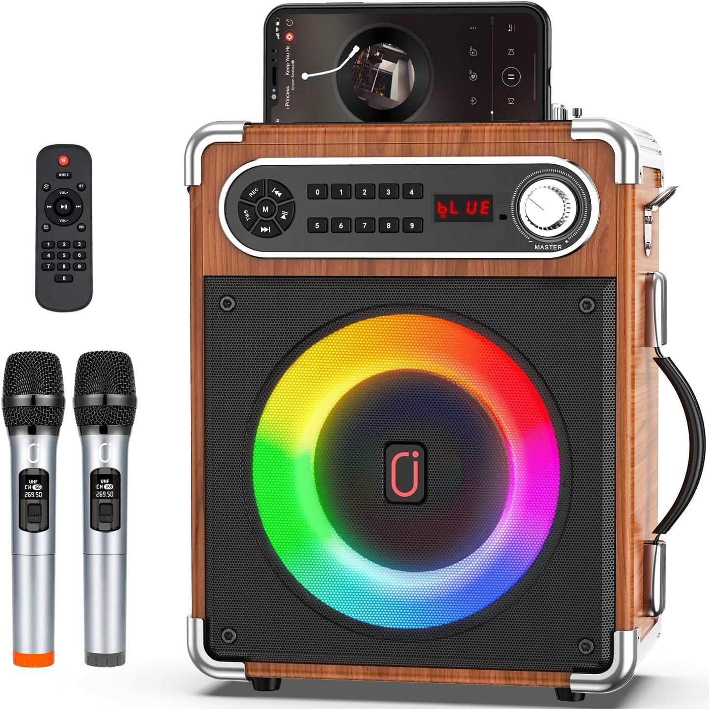 Bluetooth Speaker with Two Wireless Microphones for Parties