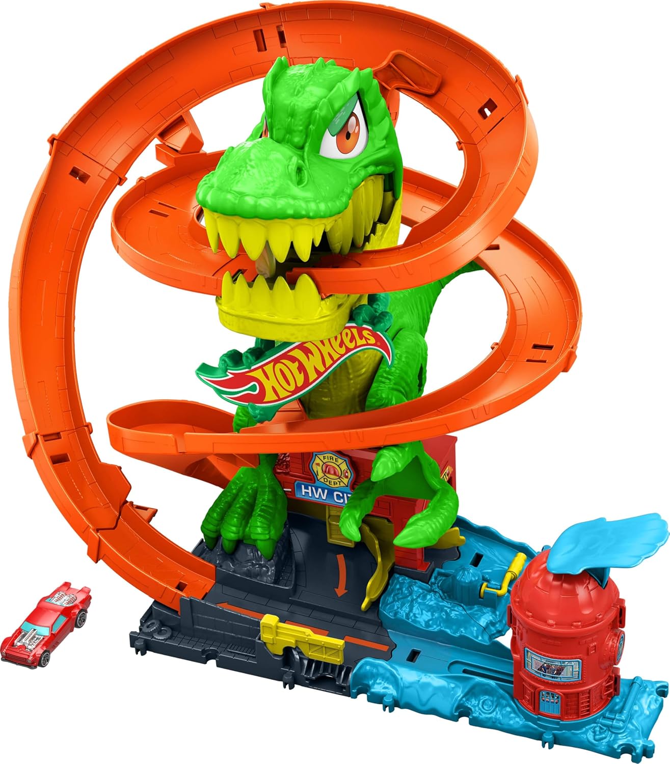 Hot Wheels Toy Car Track Set with T-Rex Blaze Battle Playset