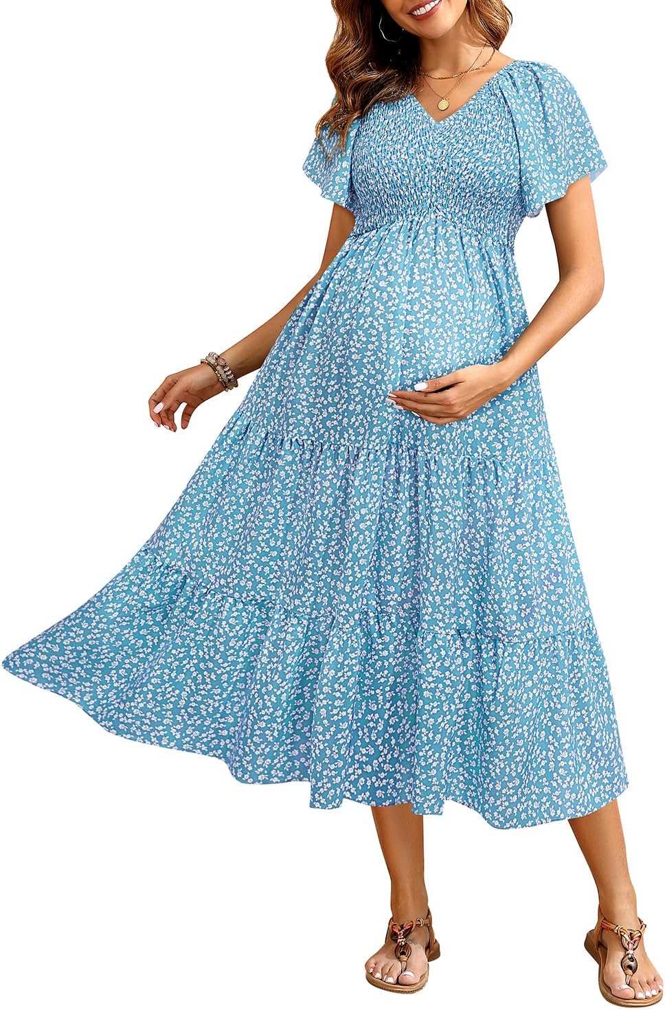 Maternity Dress for Baby Shower - Flutter Sleeve Midi Style