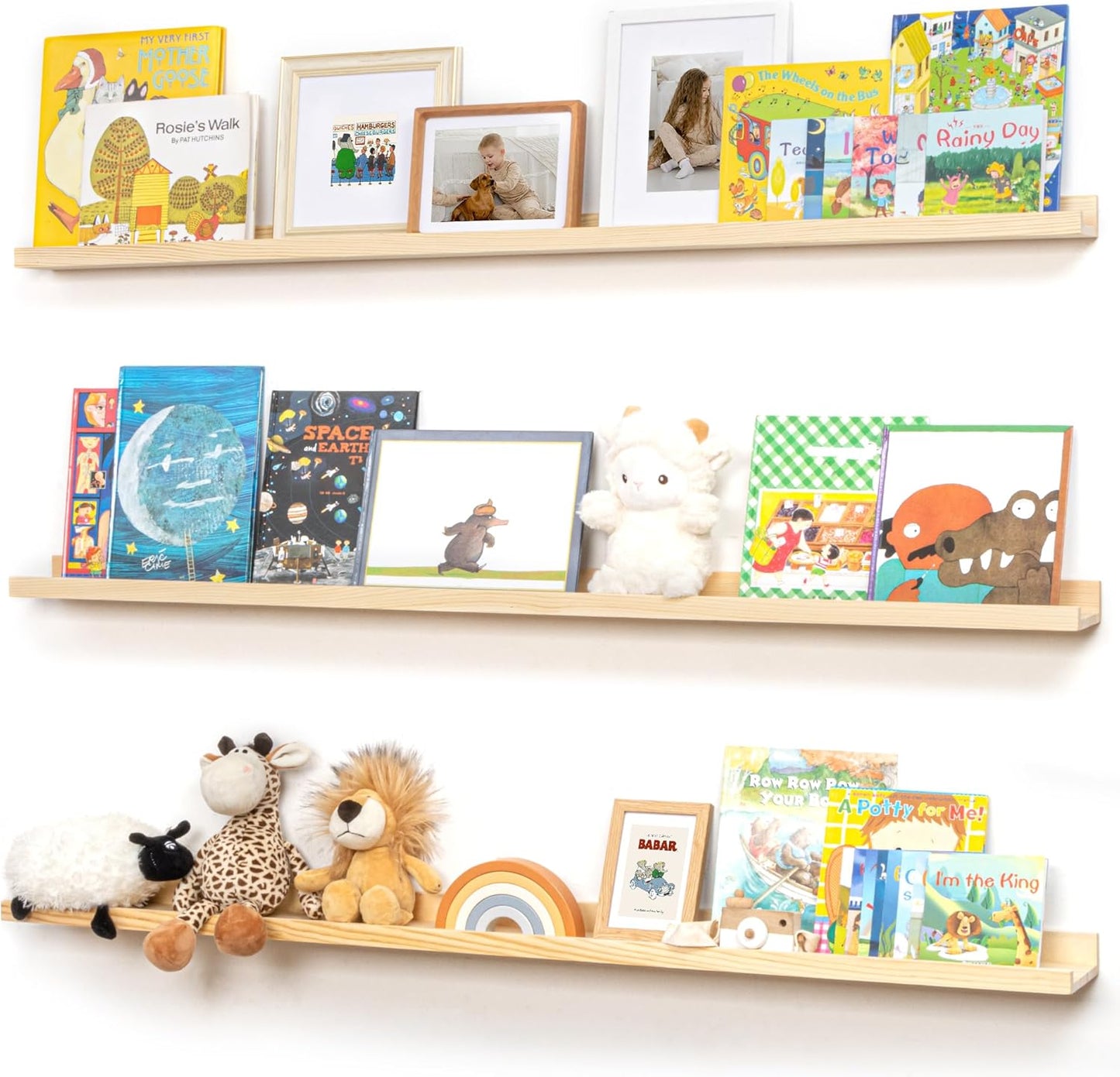 Pine Wood Nursery Book Shelves 3 Pack for Kids' Room Decor