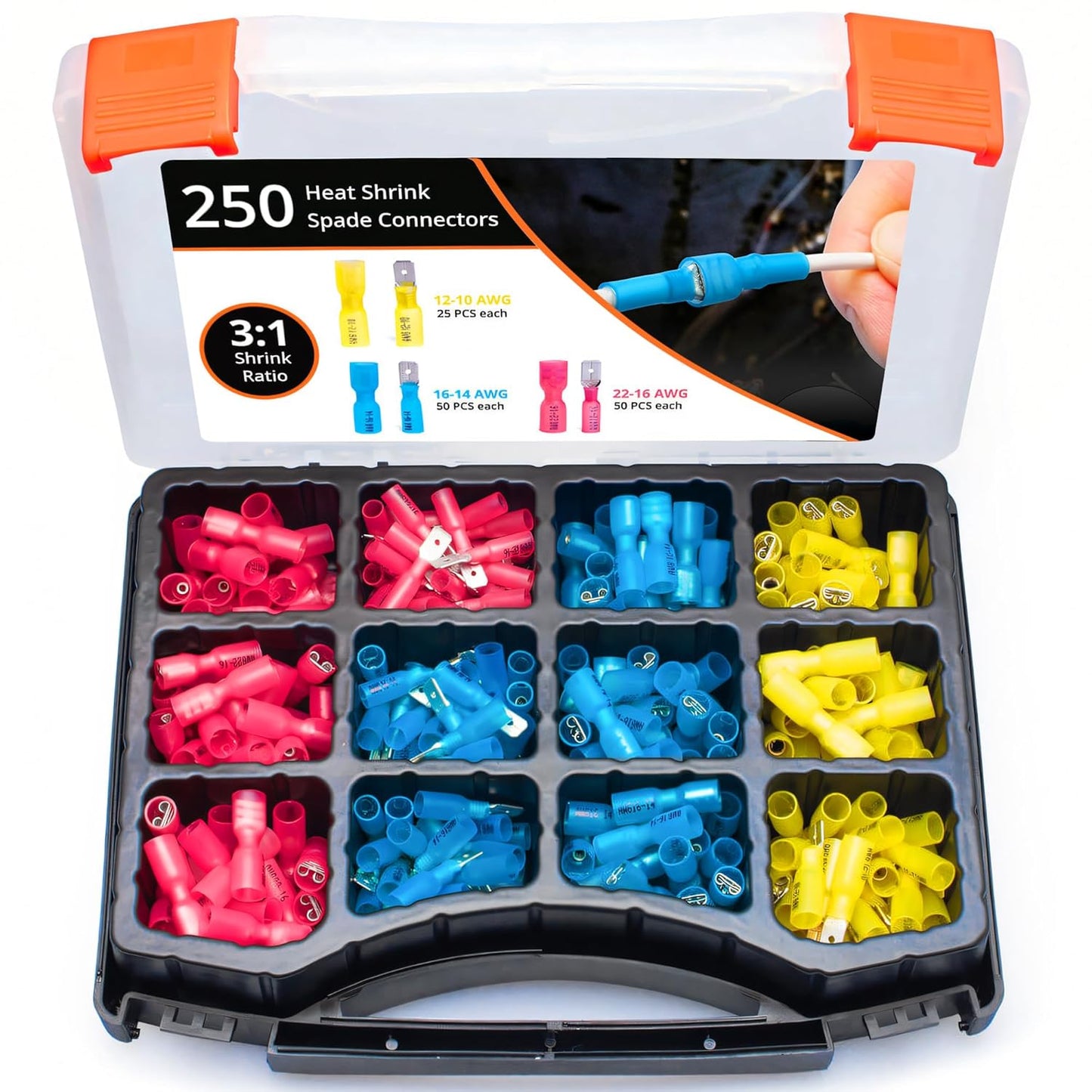 Wirefy 250 PCS Heat Shrink Spade Connector Kit for Quick Disconnects