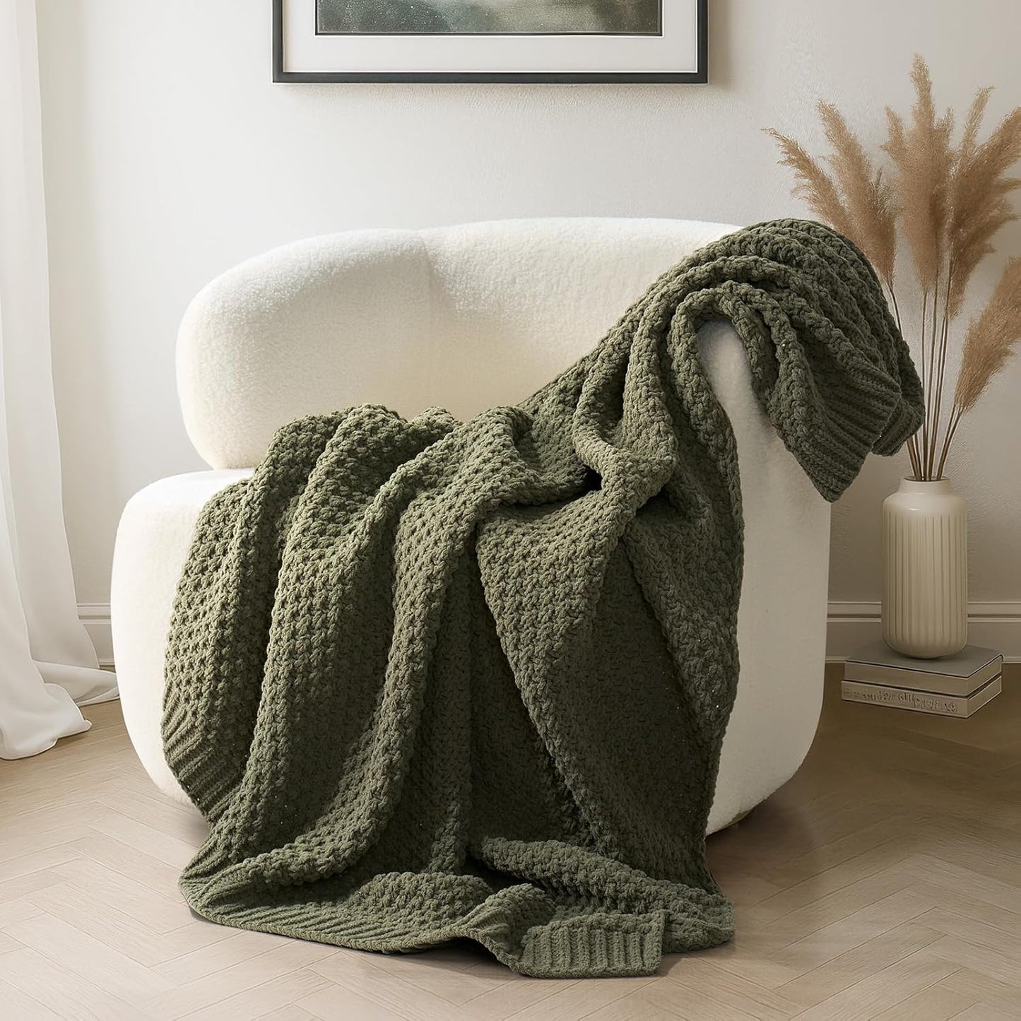 Chunky Chenille Knit Throw Blanket for Couch - Olive Green