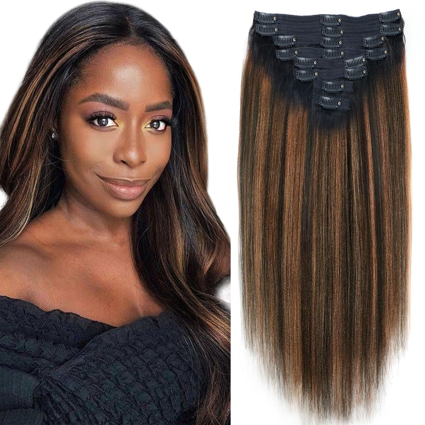 Yaki Straight Clip Ins Real Human Hair Extensions for Women