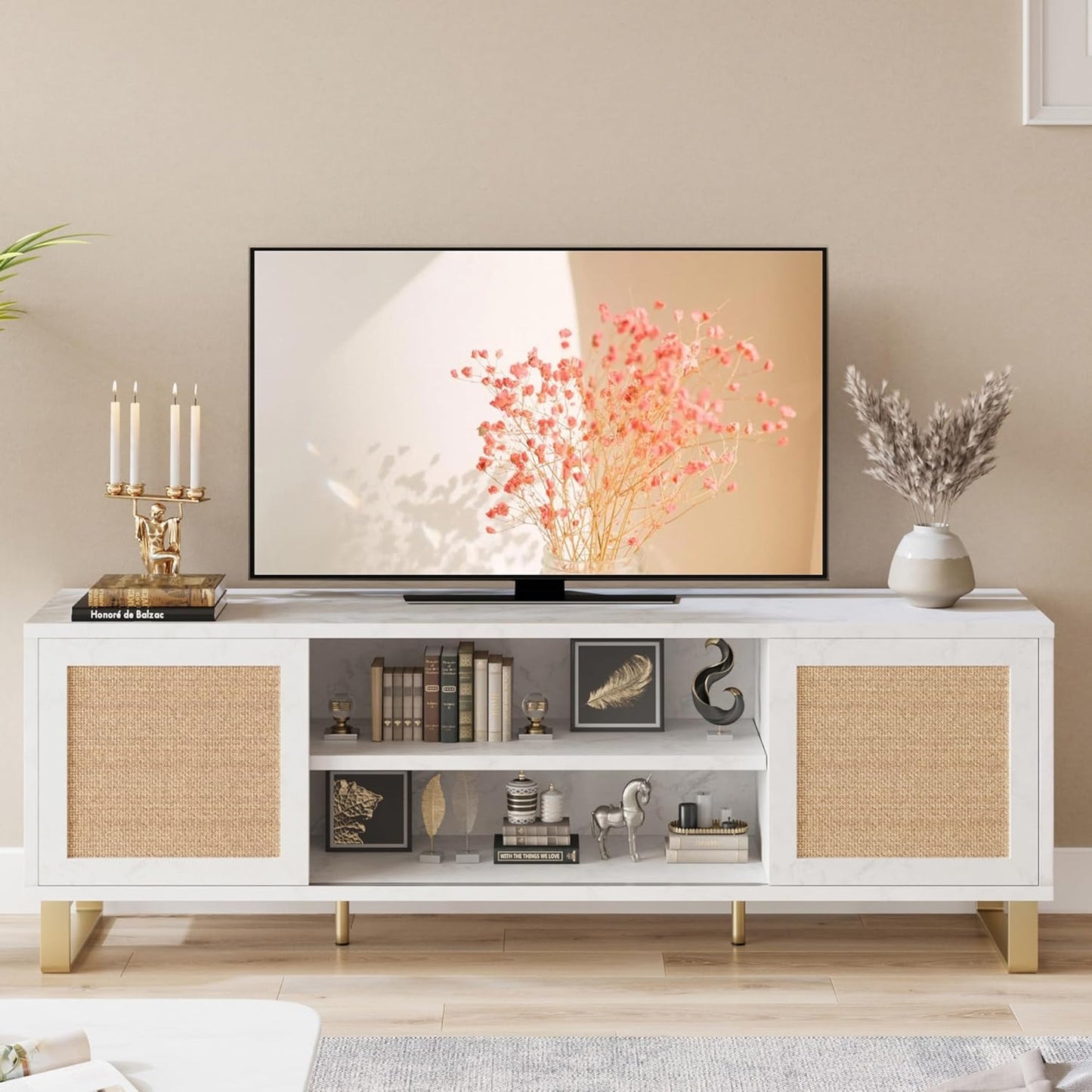 Modern White Rattan TV Stand - Stylish Storage Solution