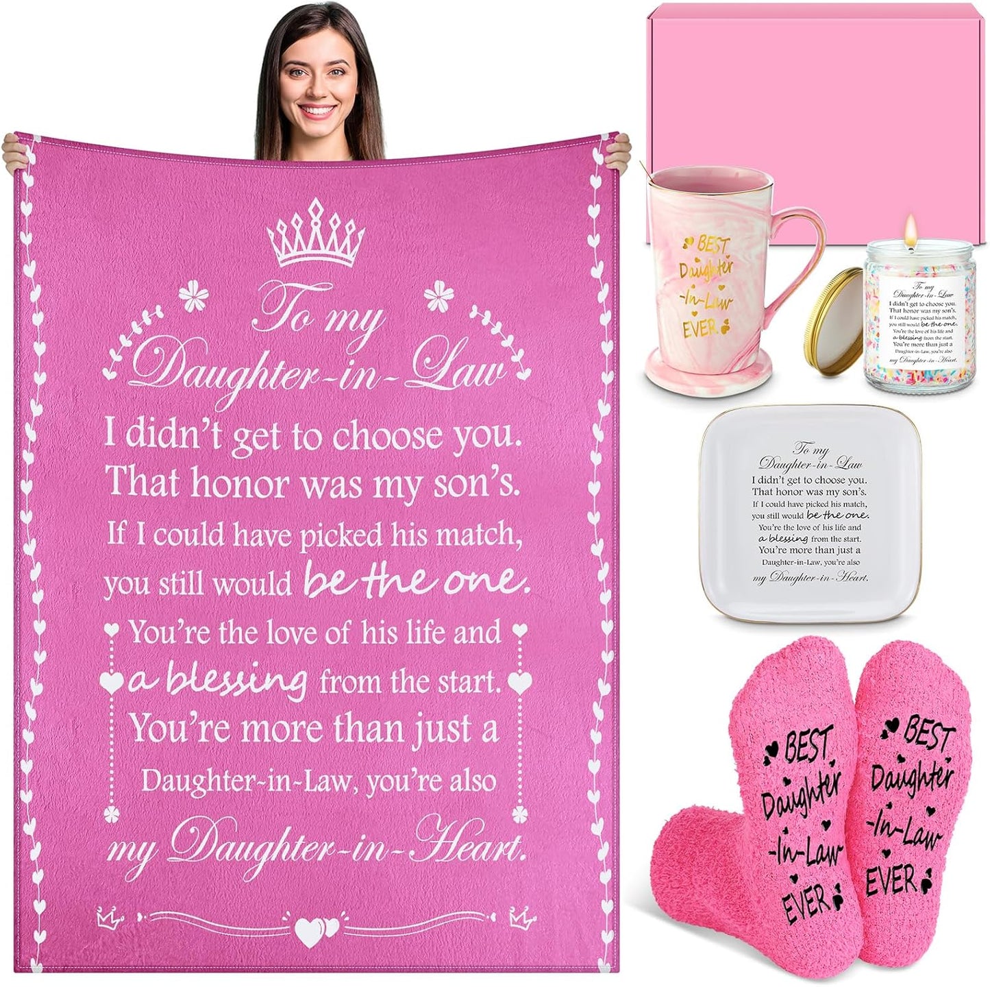 6 Pcs Daughter-in-Law Gift Basket with Cozy Blanket and More