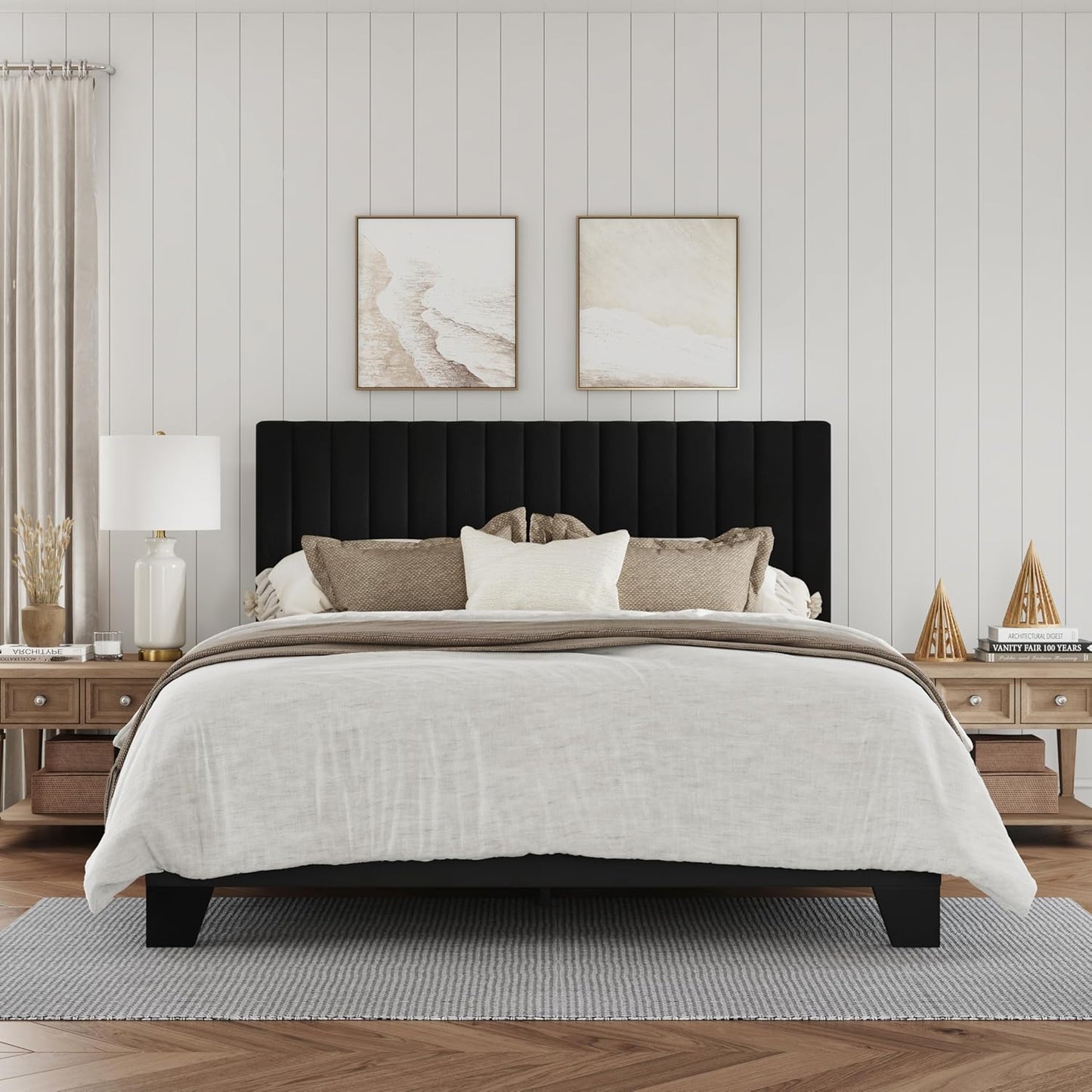 Queen Size Velvet Upholstered Bed Frame with Adjustable Headboard