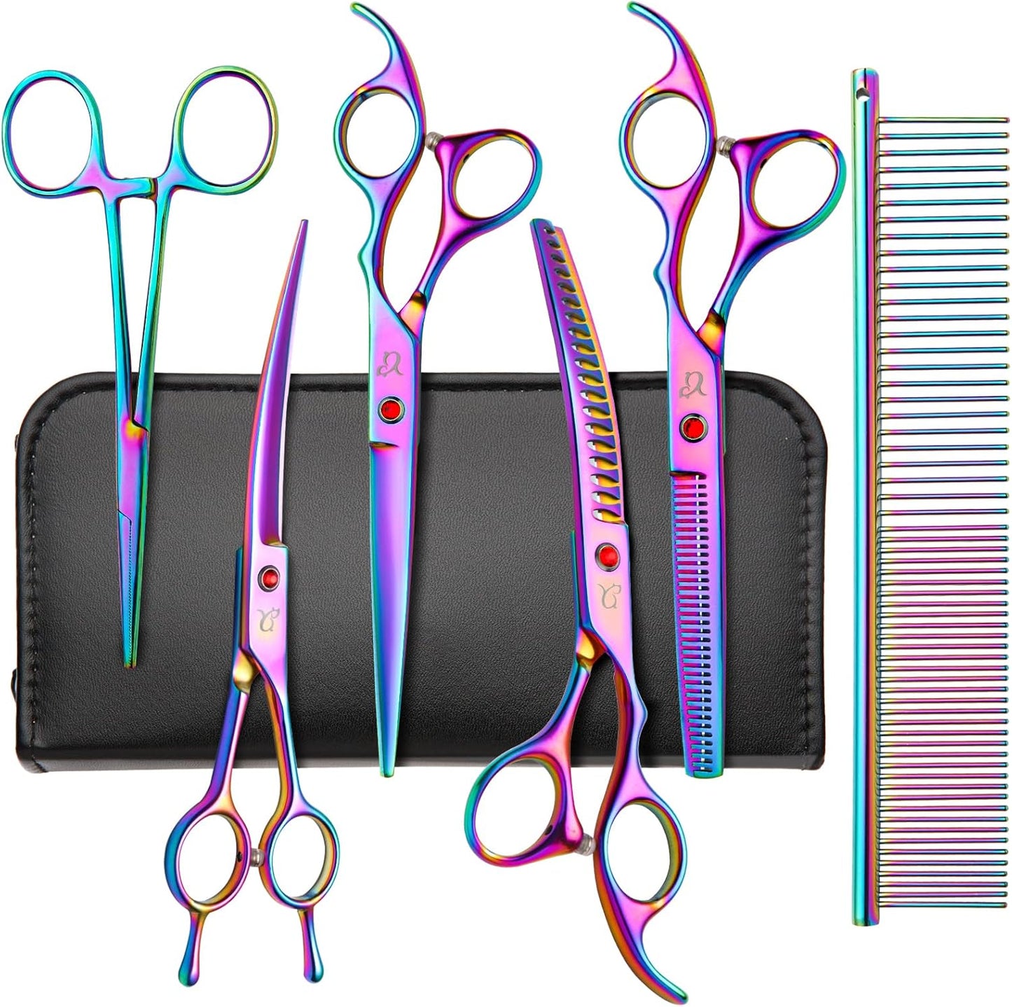 Dog Grooming Scissors Set with Rainbow Curved Chunkers Shears