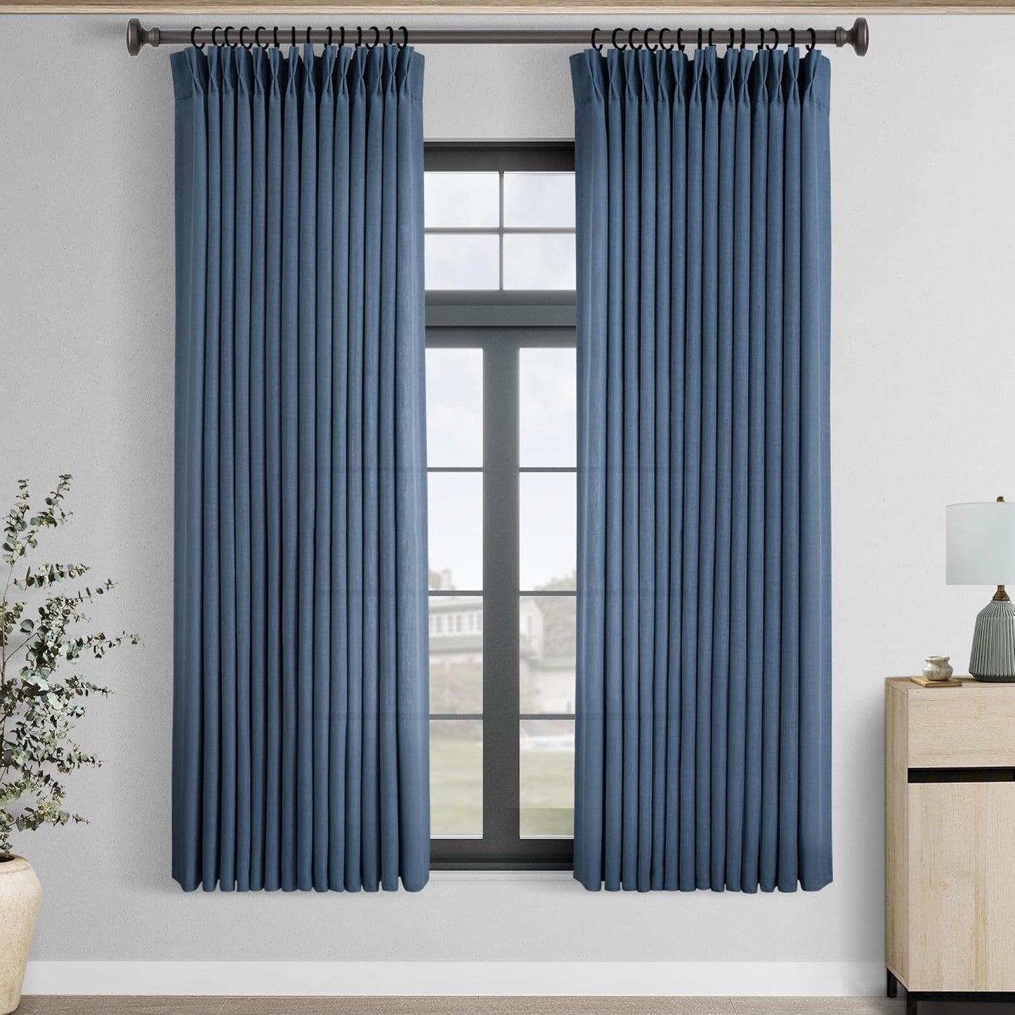 Pinch Pleated Navy Blue Linen Curtains for Living Room 63 in