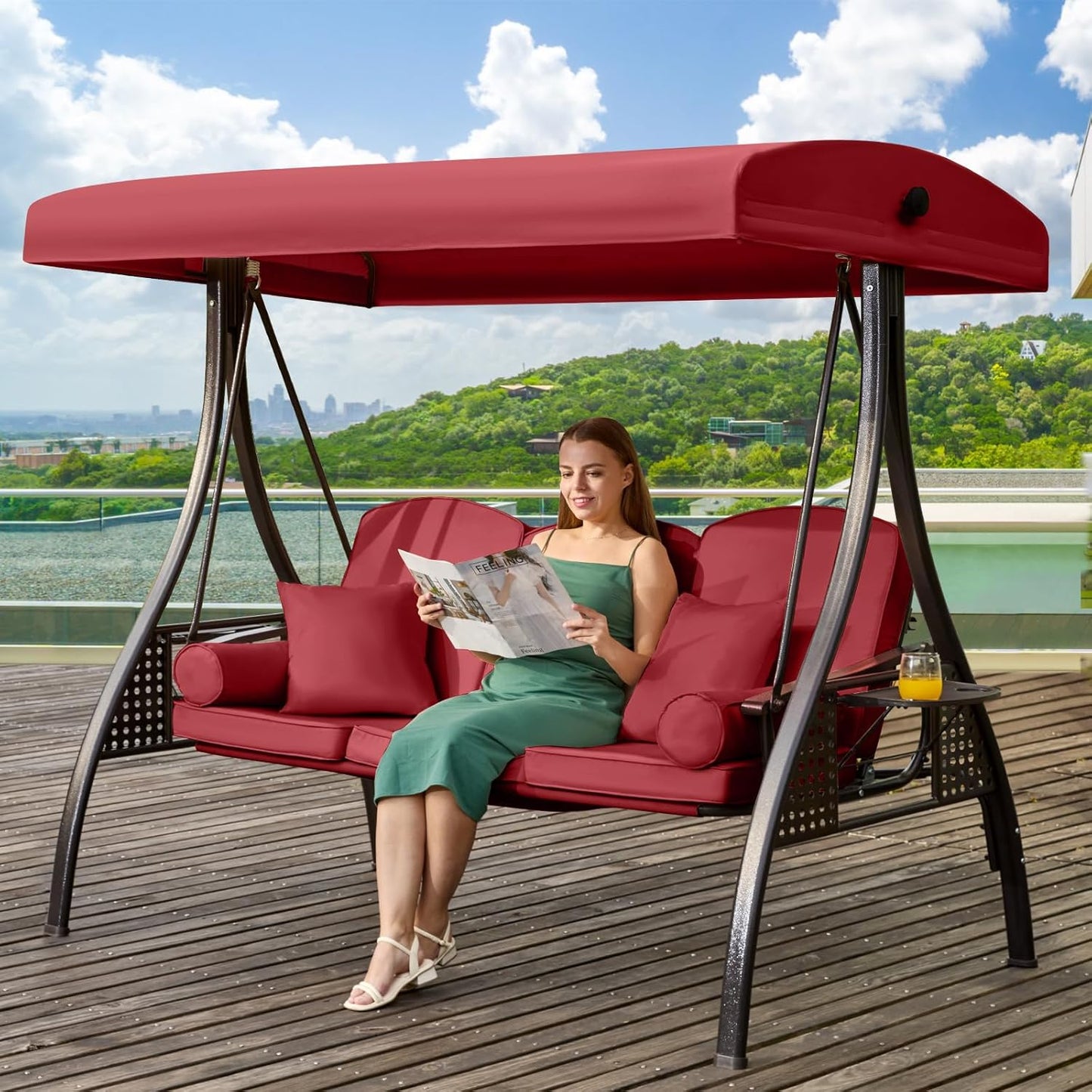 3 in 1 Outdoor Porch Swing with Adjustable Canopy for Comfort