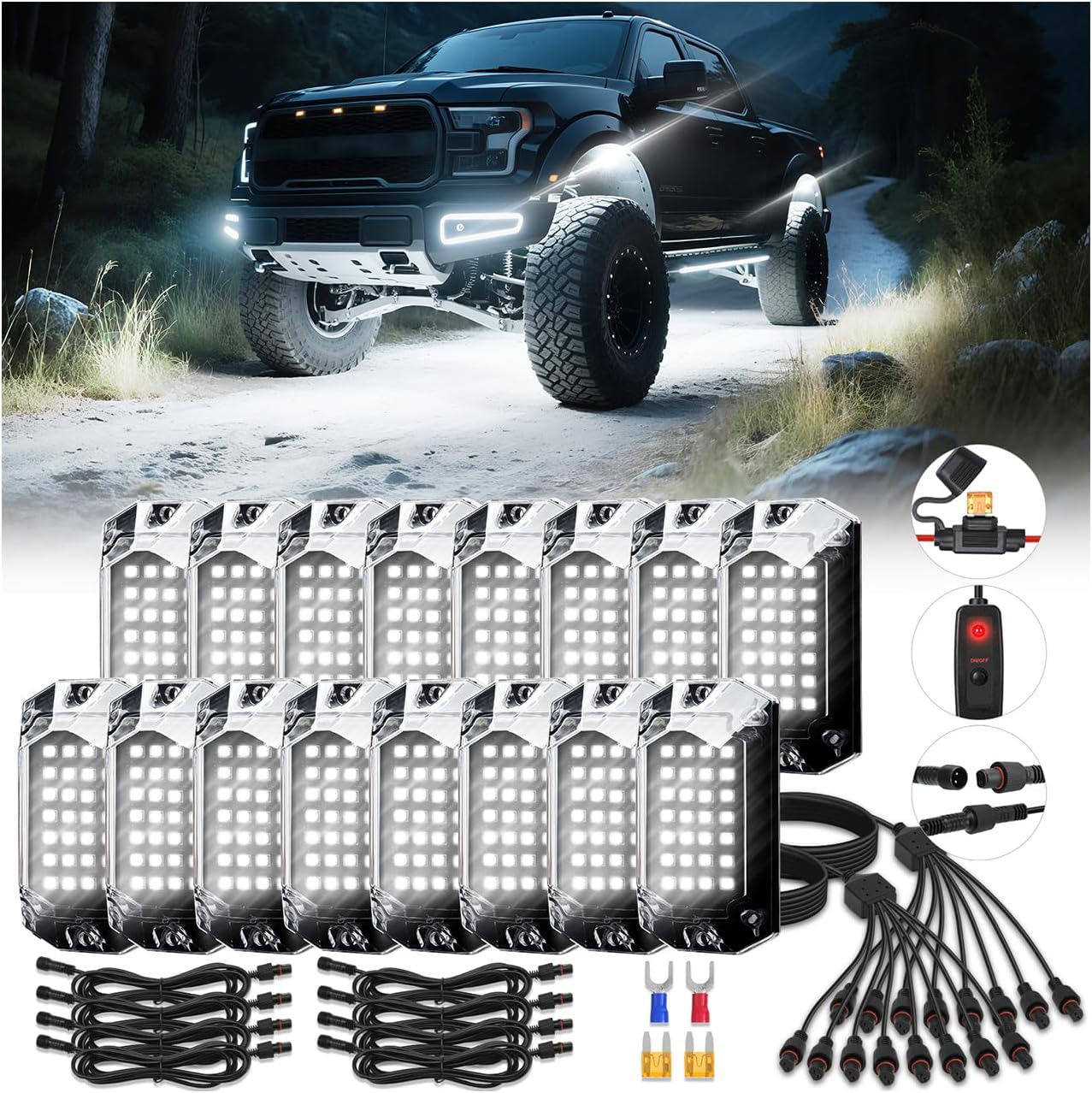 16Pods Pure White LED Rock Lights Kit for Trucks and Off Road