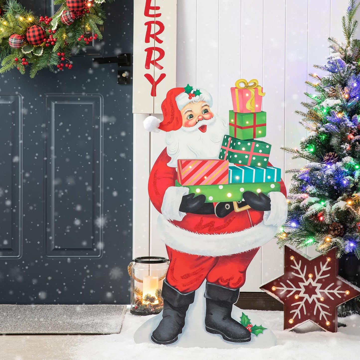 Lighted Christmas Santa with Gifts Porch Sign for Festive Cheer