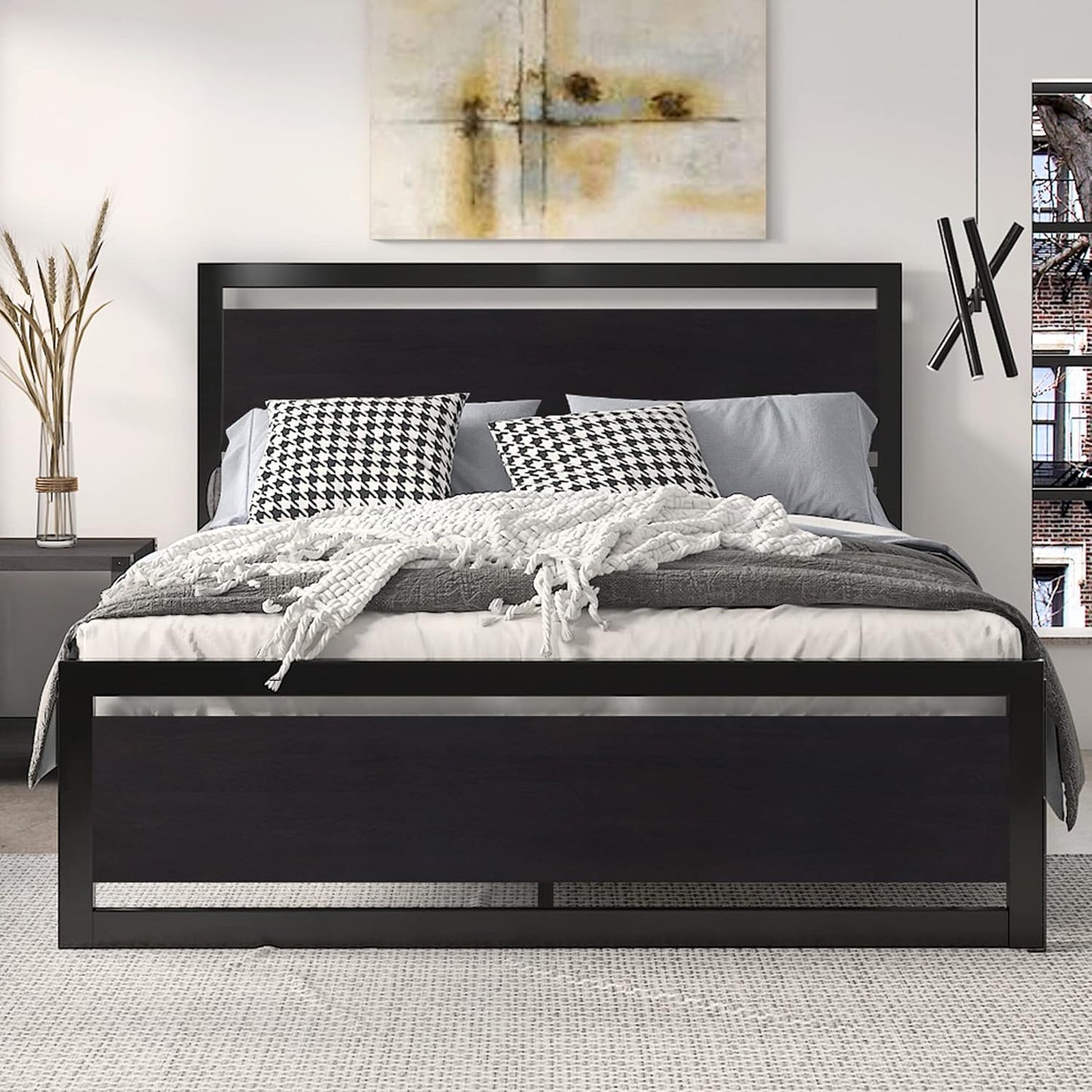 SHA CERLIN Queen Size Bed Frame with Modern Headboard Design