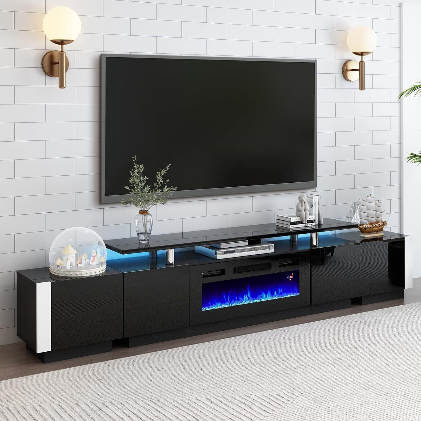 Modern Black Fireplace TV Set with High Gloss Finish