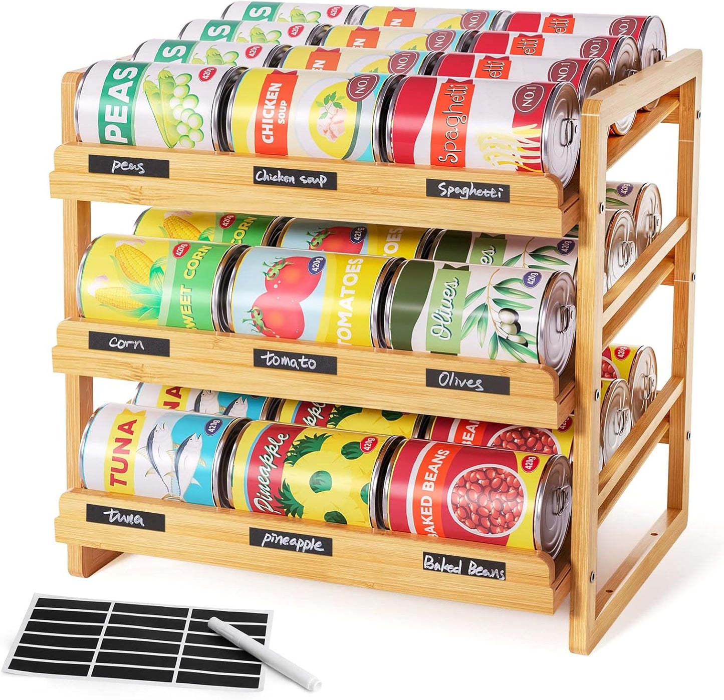 Bamboo Can Organizer for Pantry - 3 Tier Stackable Storage
