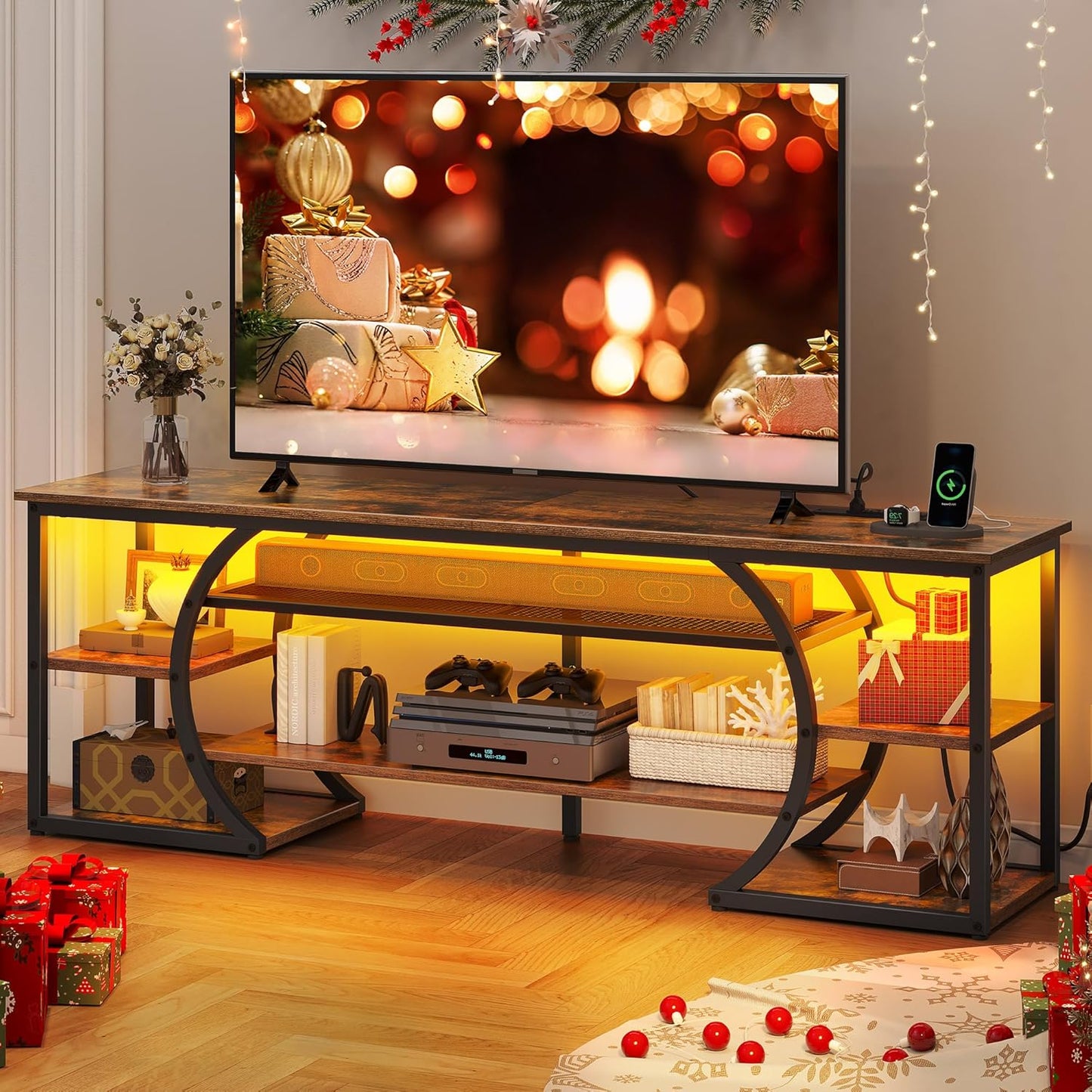 Rustic Brown TV Stand w/ Power Outlets & Storage