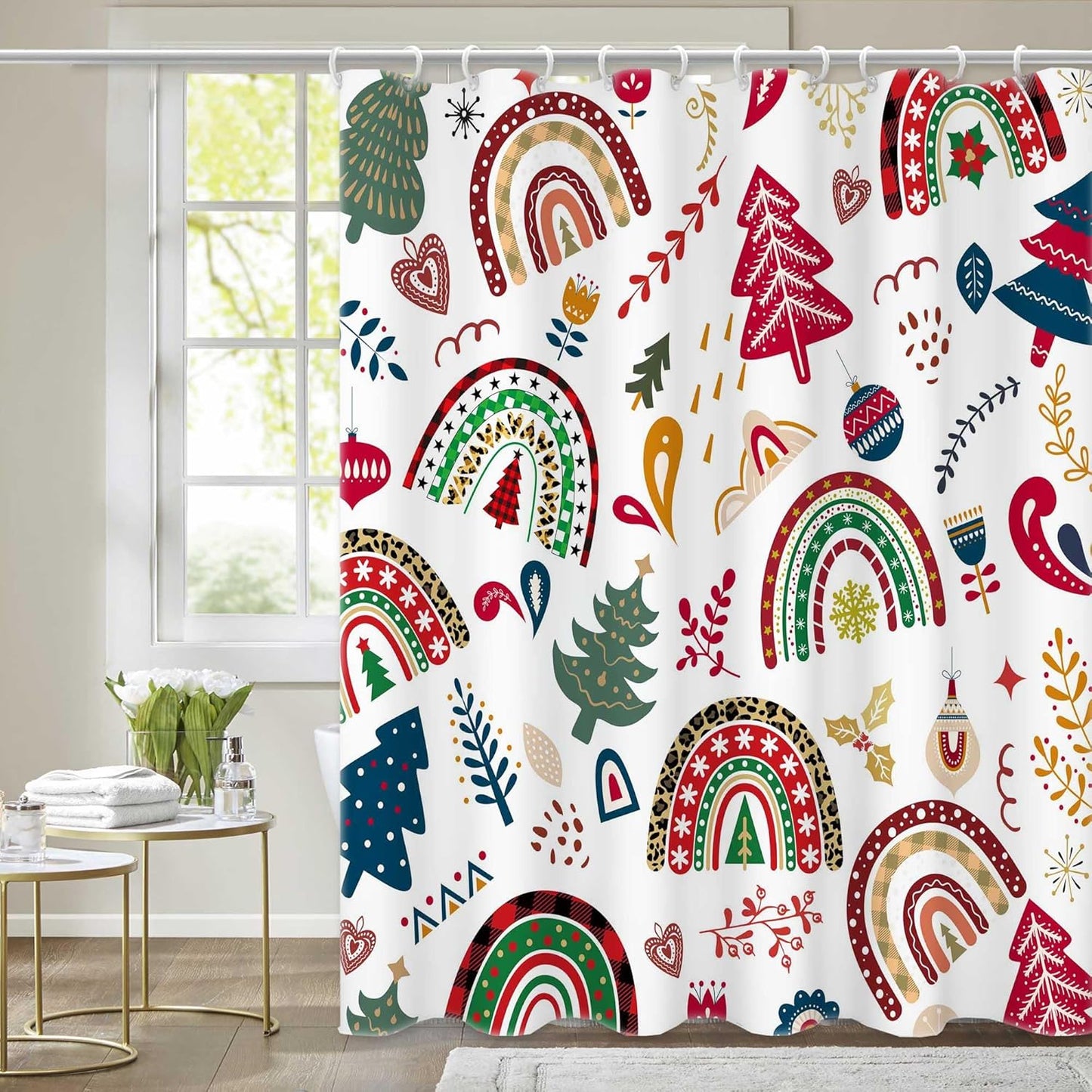 Boho Christmas Tree Shower Curtain Set | Felortte | Festive Bathroom Decor