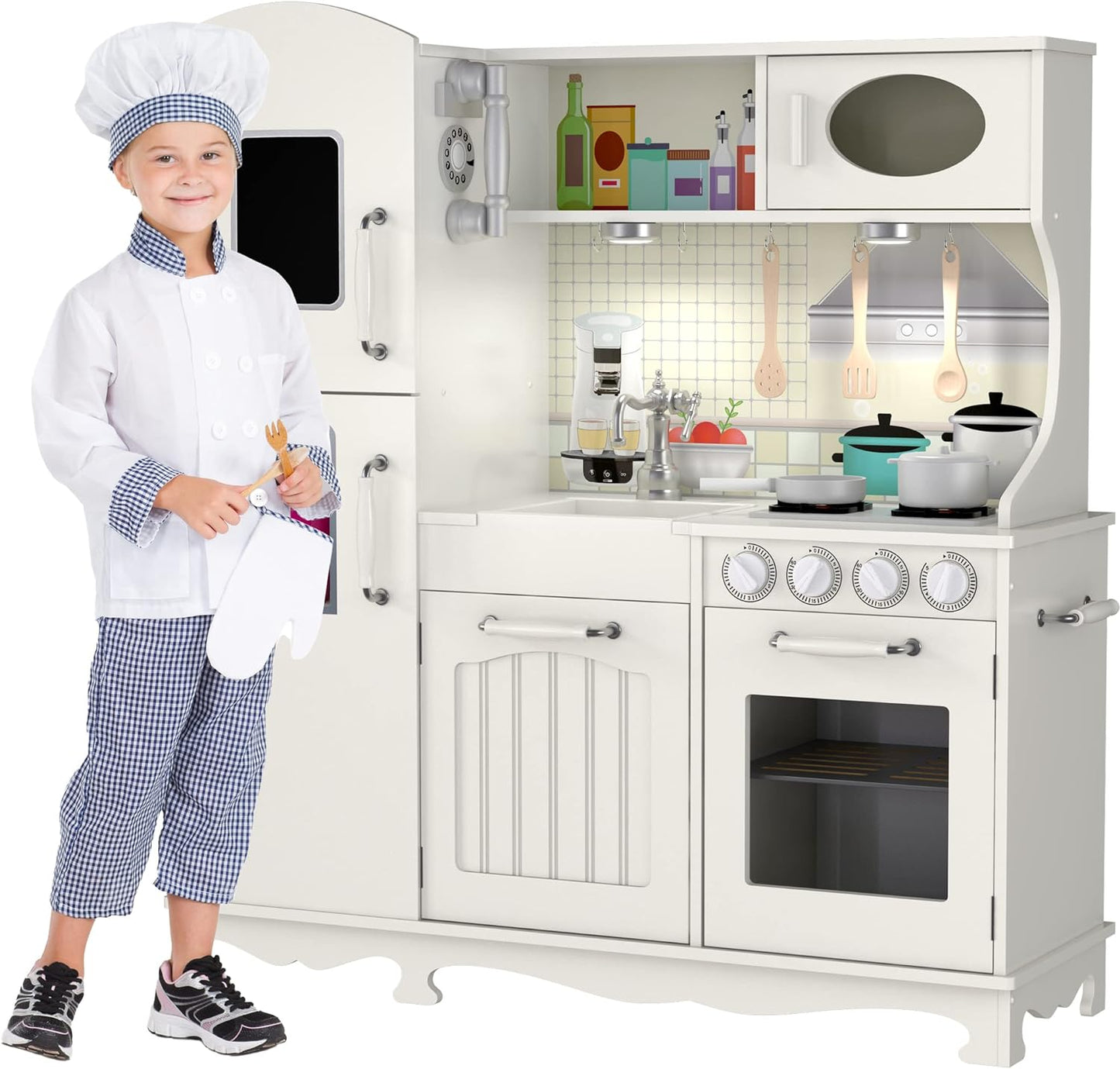 Wooden Play Kitchen Set - Step-by-Step Assembly - 9 Toy Accessories - Ages 3+