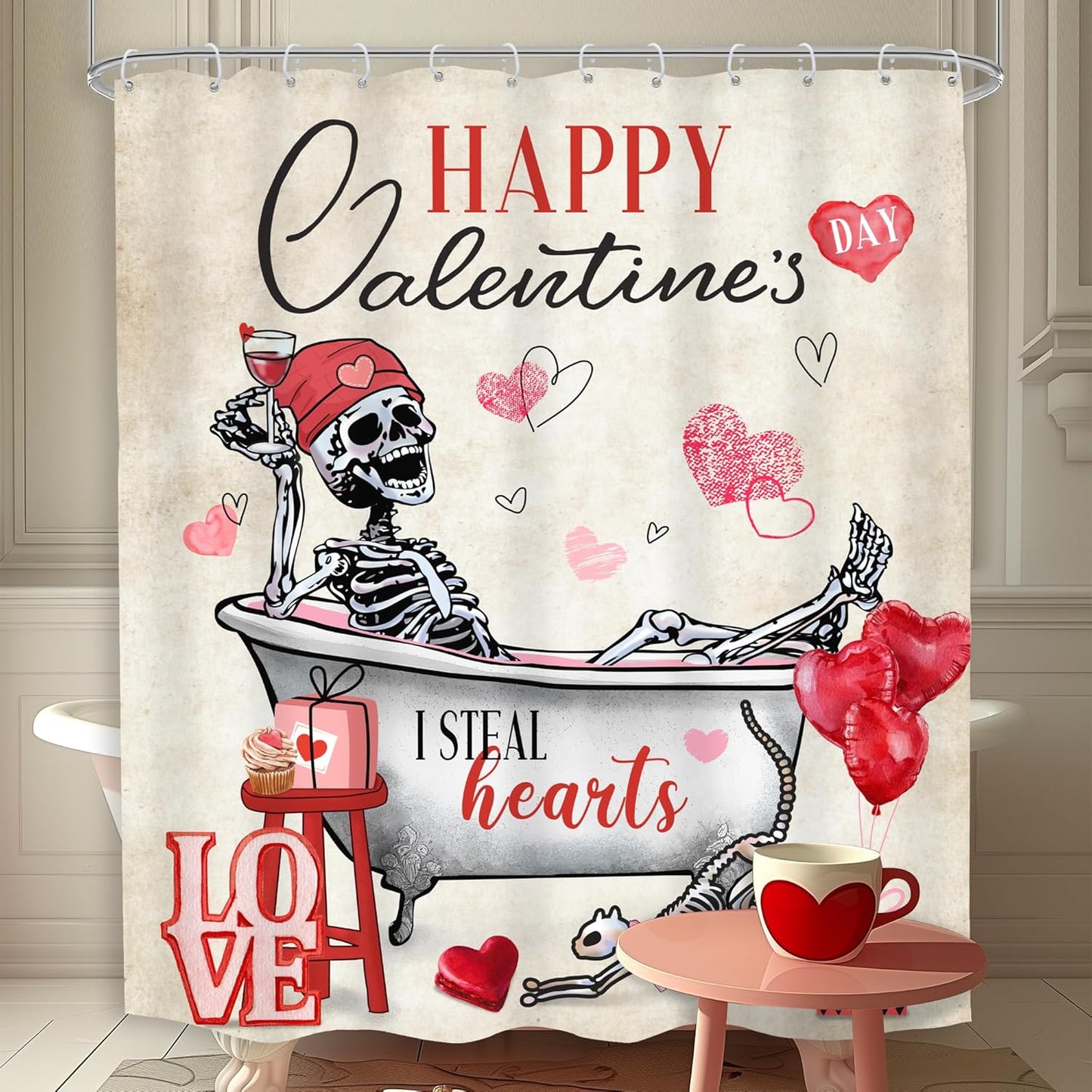 Romantic Gothic Cat Skull Shower Curtain