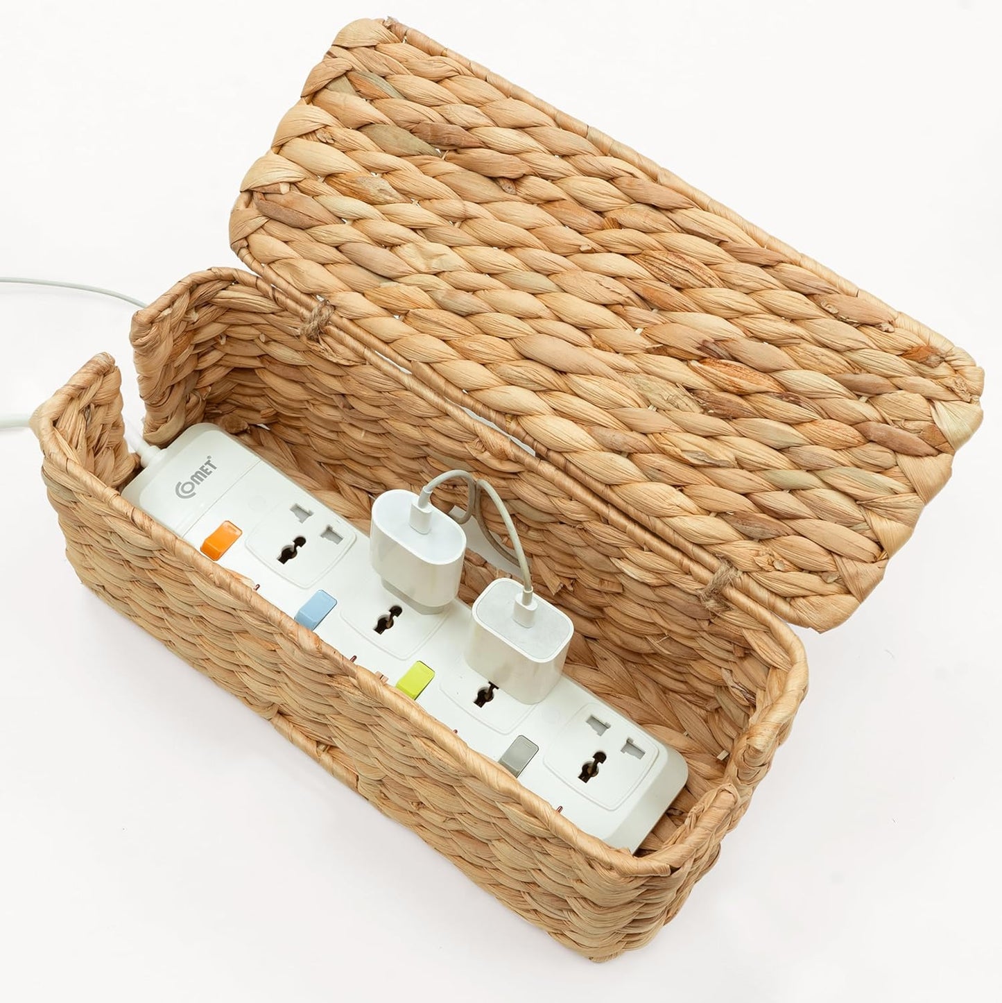 Durable Rattan Cable Organizer Box - 2 Slot Home Office Desk