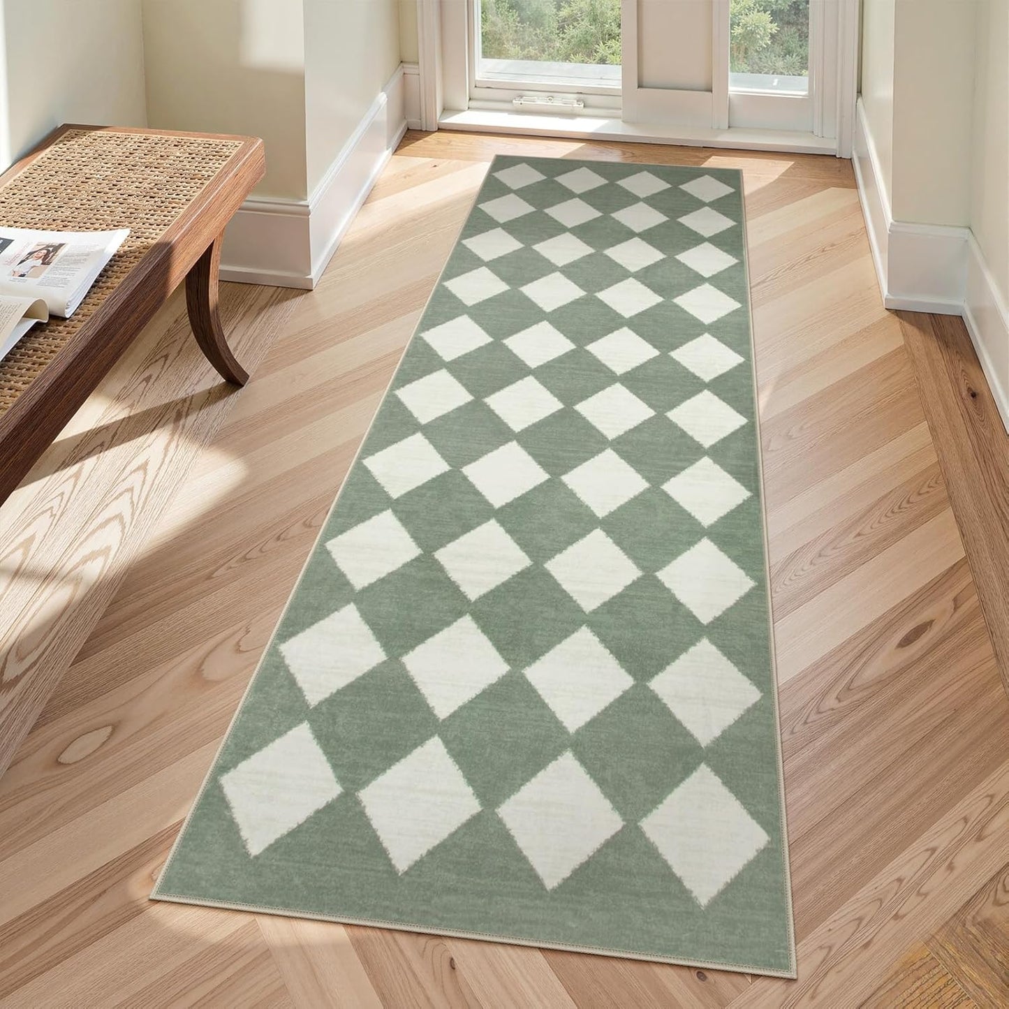 Lahome Checkered Washable 2x6 Green Runners for Hallways