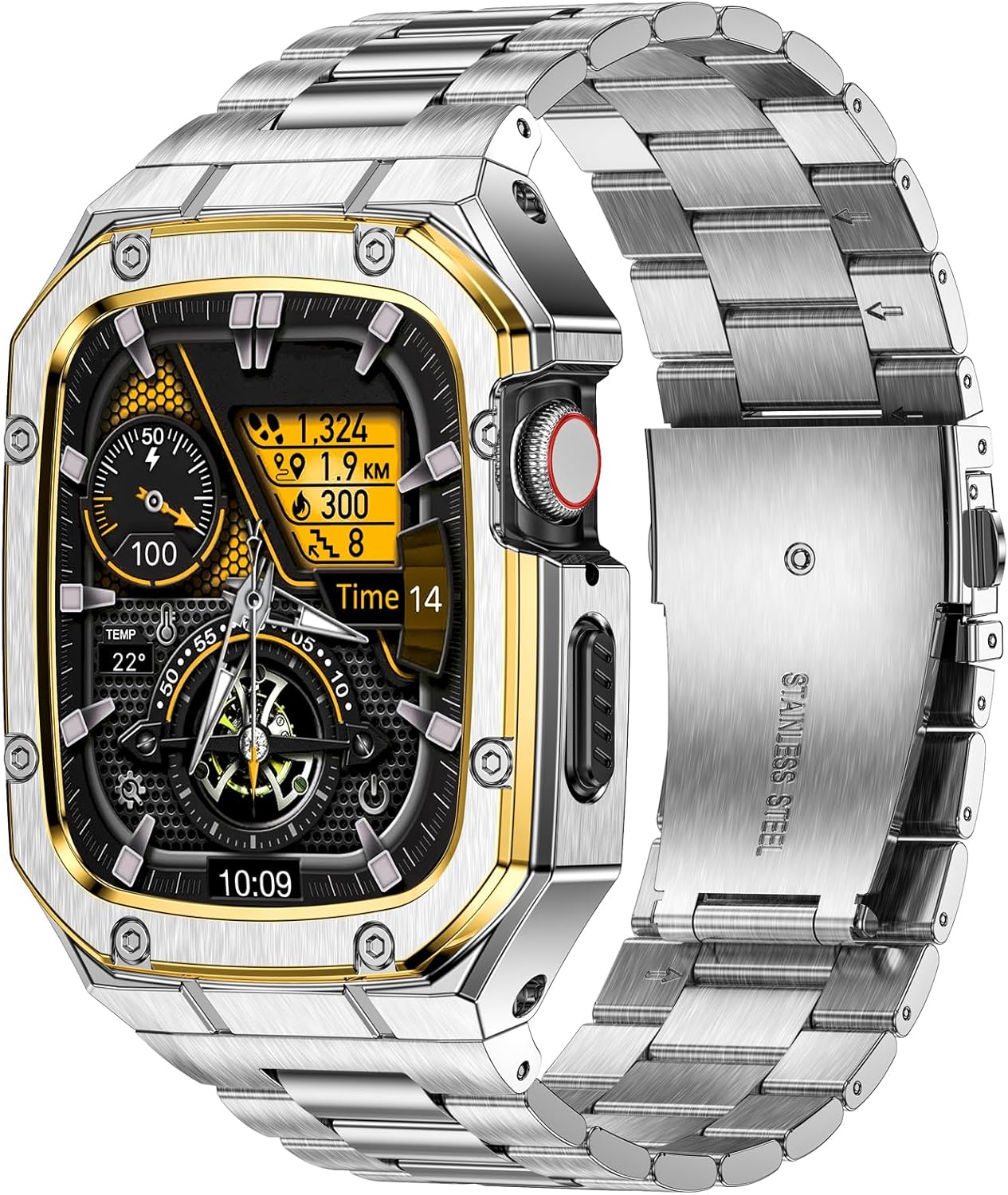 BAITEYOU Stainless Steel Band & Case Set for Apple Watch 9/8/7 (45mm), Rugged Protection, Silver/Gold