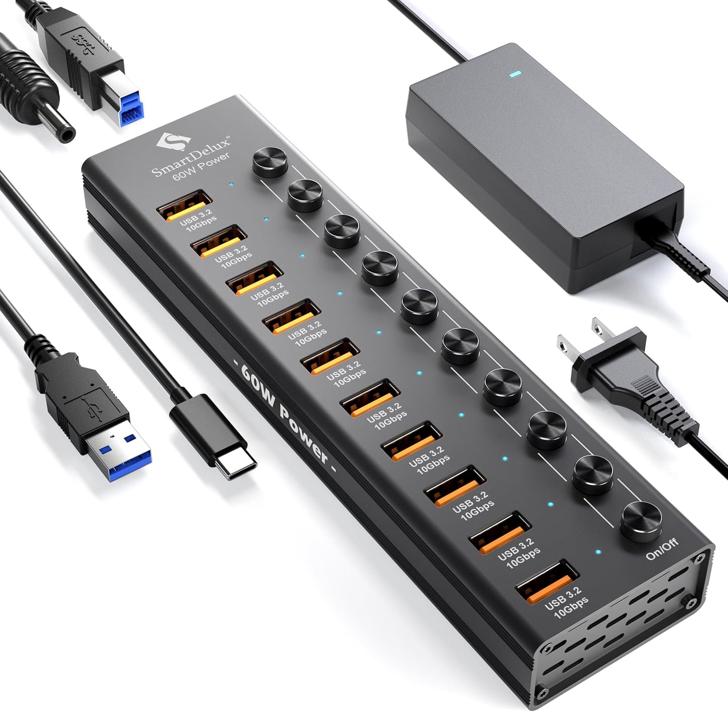 Powered USB 3.2 Hub with 10 Ports for High-Speed Data Transfer