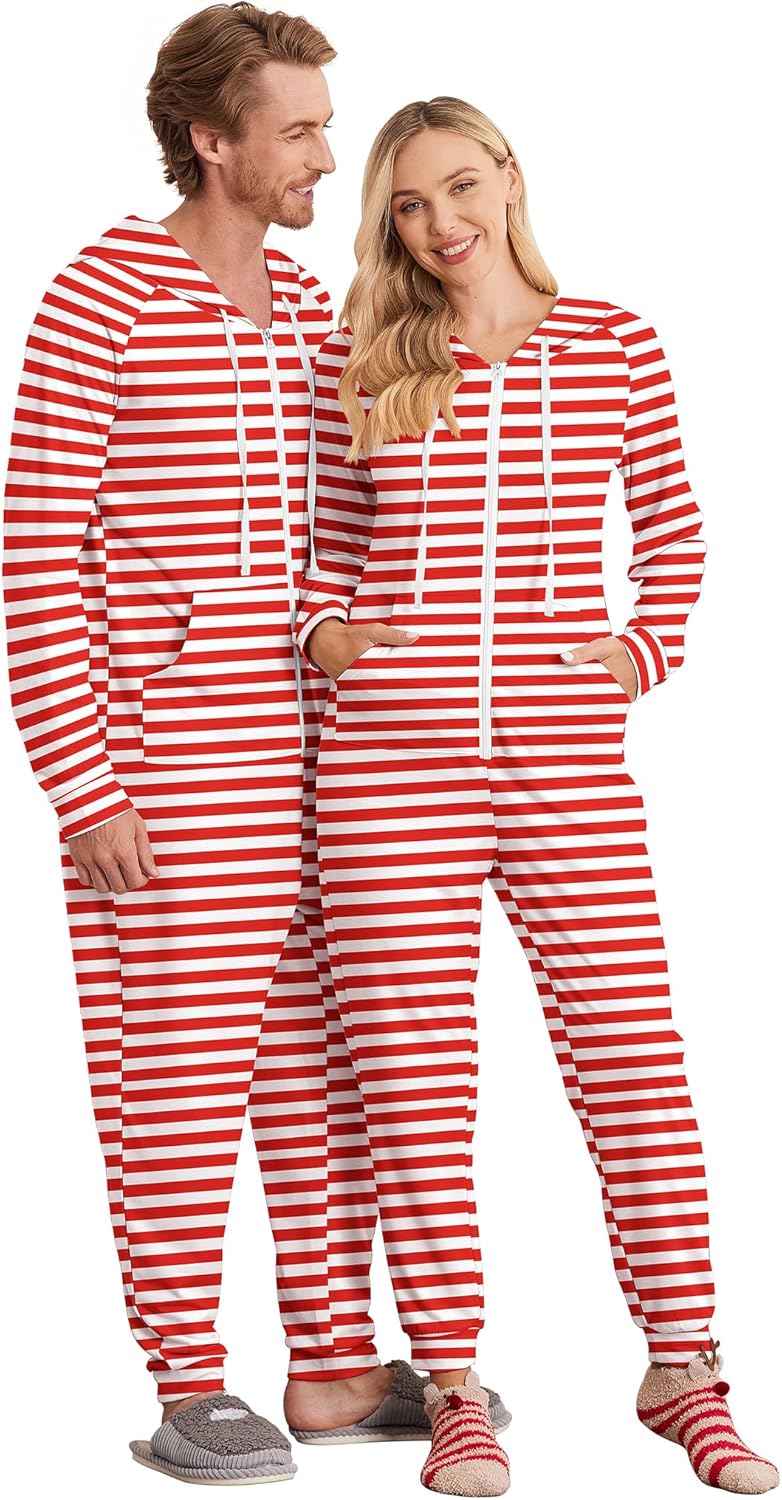 Ekouaer Christmas Onesie for Couples with Zipper and Pockets