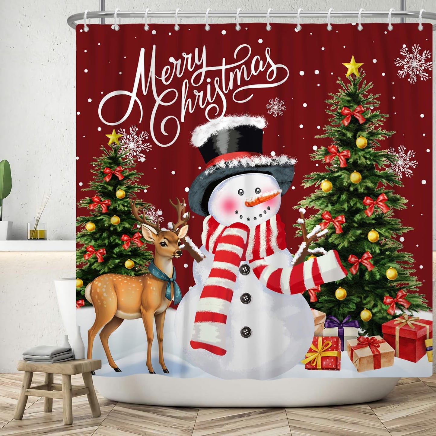 Festive Snowman & Elk Shower Curtain Set!