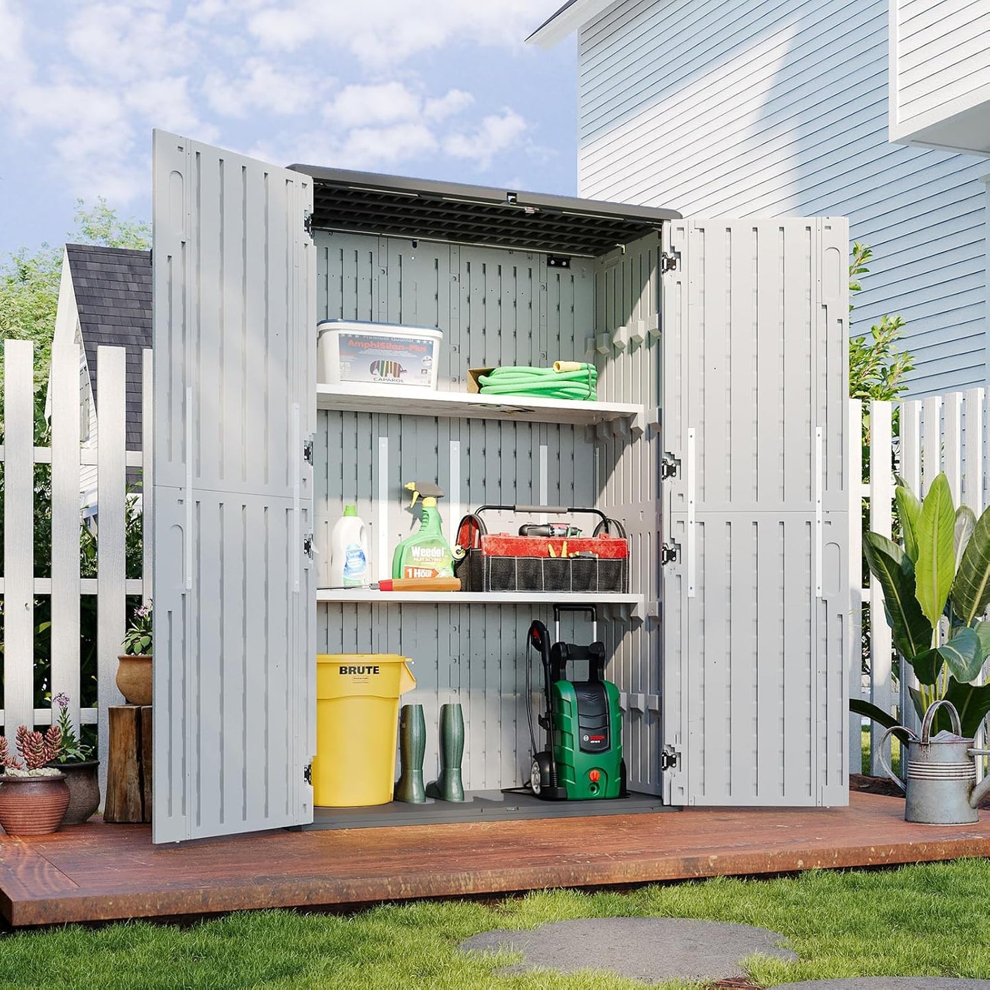Aoxun White Resin Outdoor Storage Shed with 2 Shelves & Floor