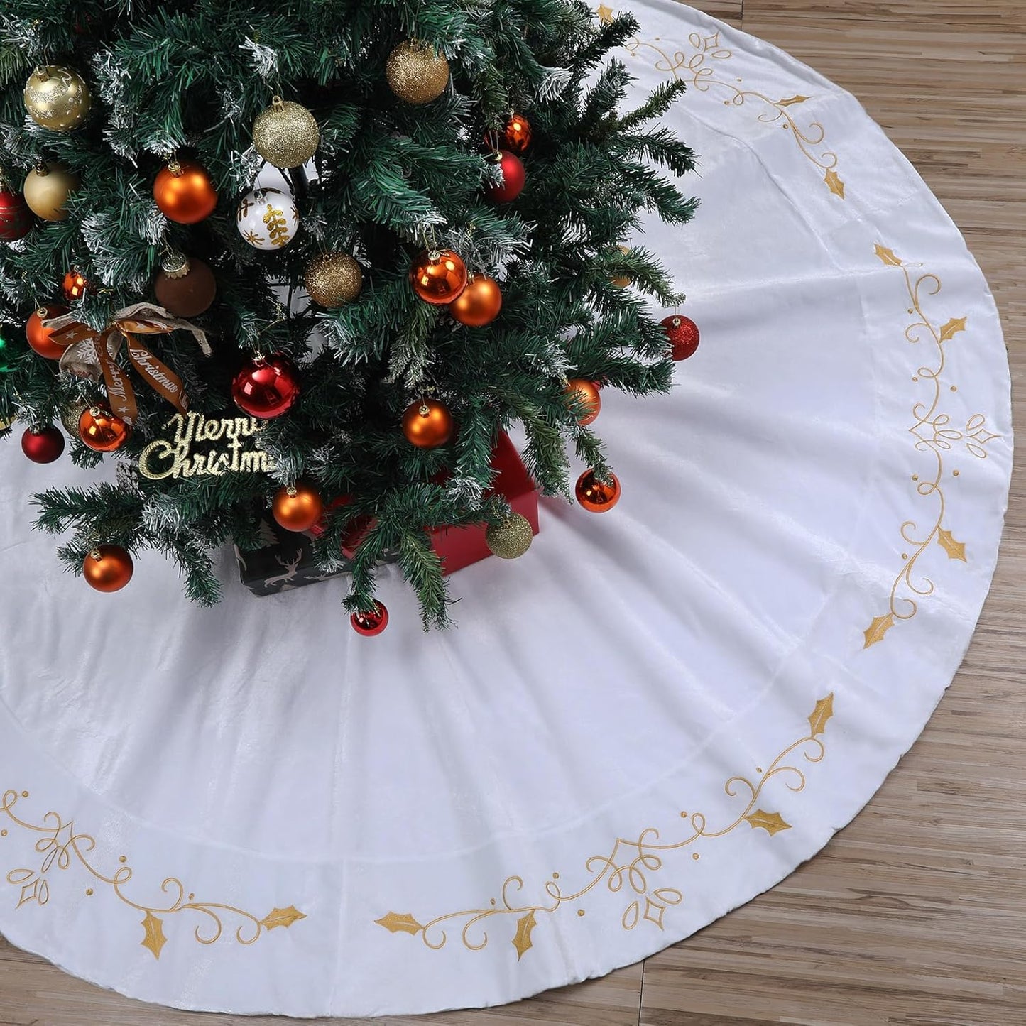 72in Extra Large Christmas Tree Skirt with Gold Embroidery