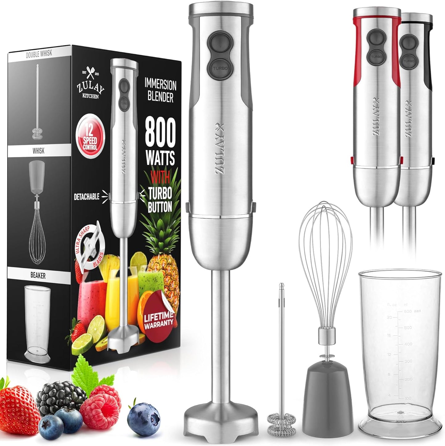 Zulay 3-in-1 Hand Blender - 800W 12 Speeds! Whisk, Frother, Stick - Gray