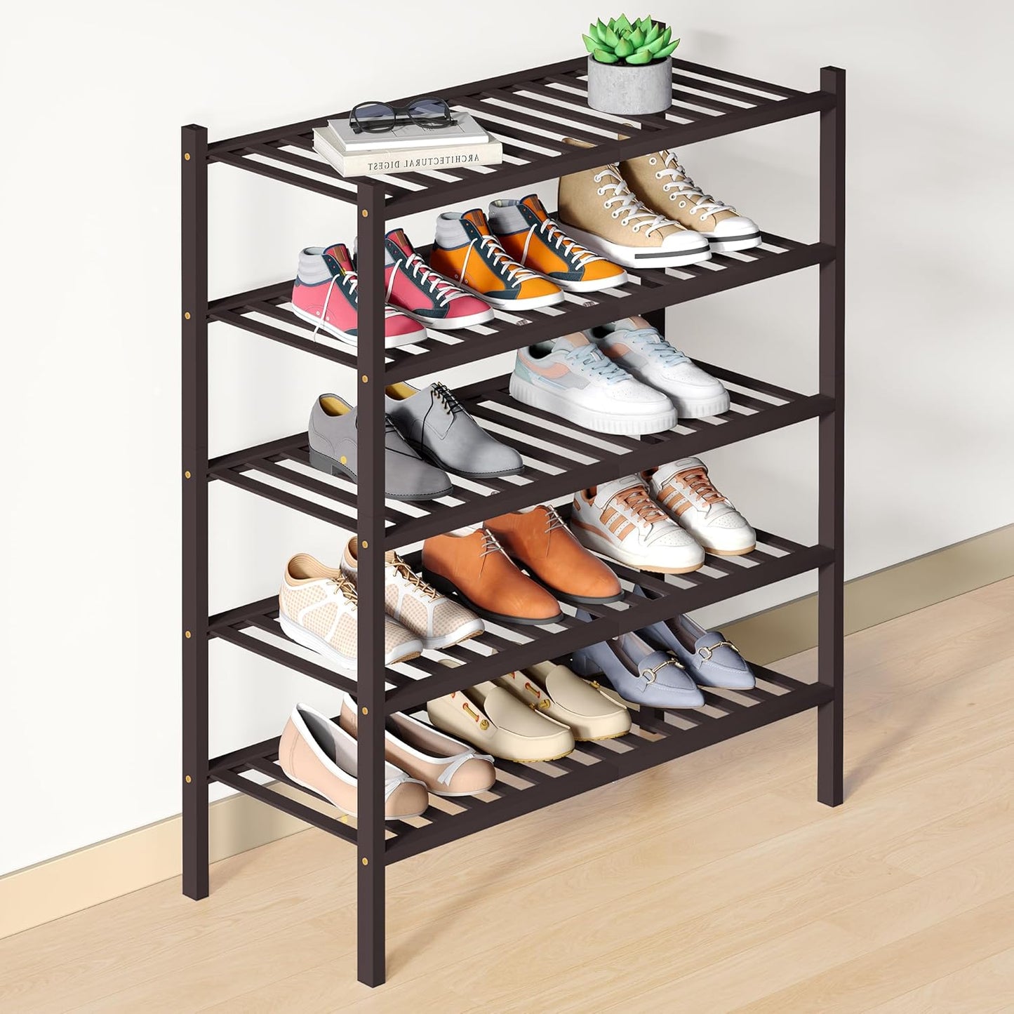 Smiry Bamboo Shoe Rack: 5 Tier Wooden Stackable Organizer