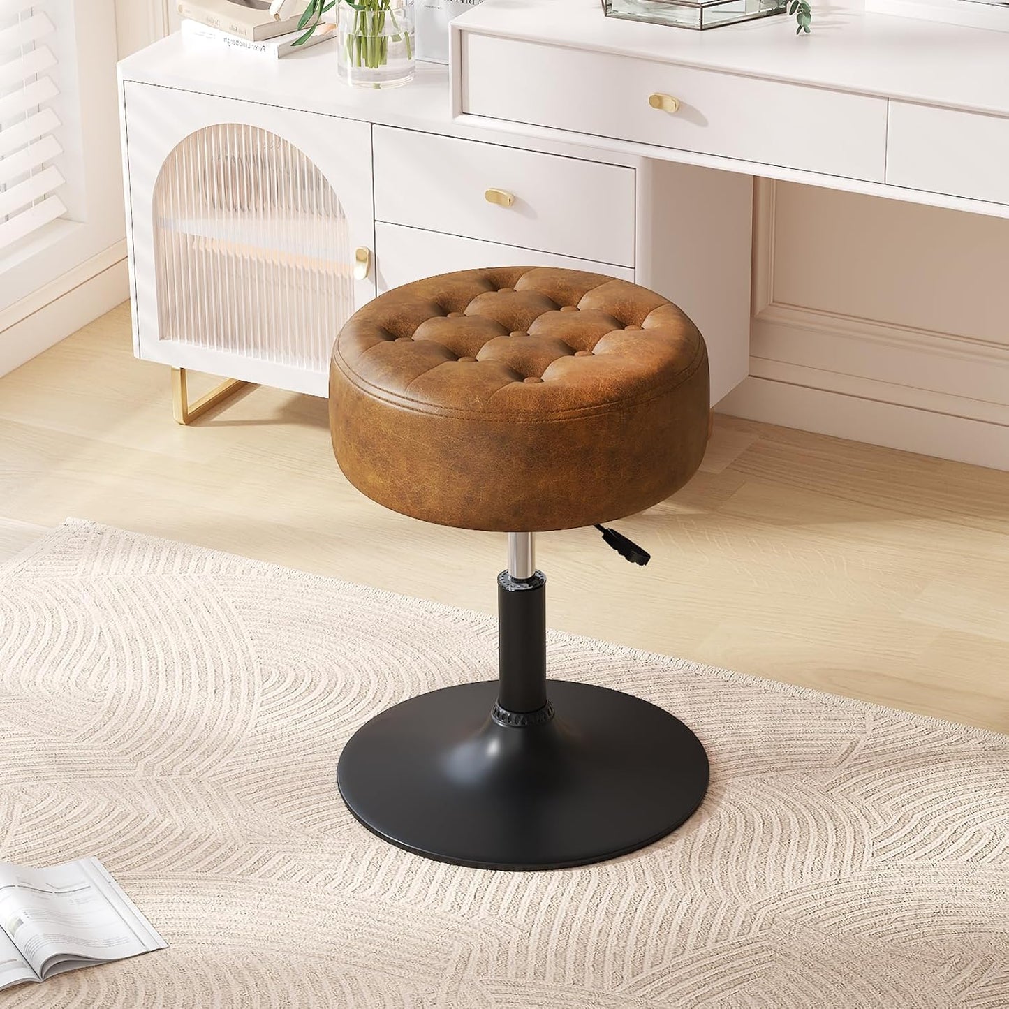 Faux Leather Makeup Vanity Stool with Adjustable Swivel Design