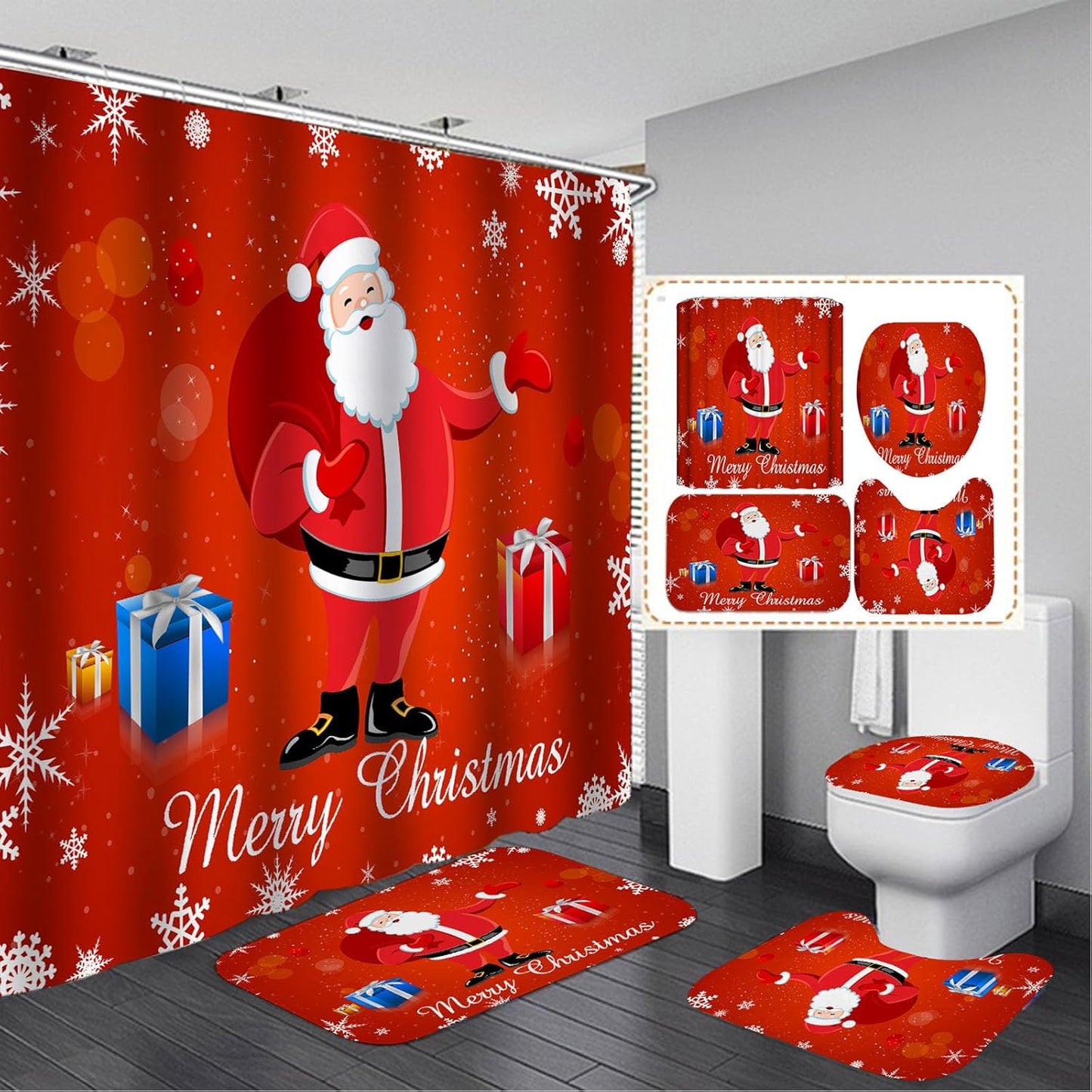 Christmas Santa Theme Bathroom Set - 4pcs Waterproof with Non Slip Rug & 12 Hooks