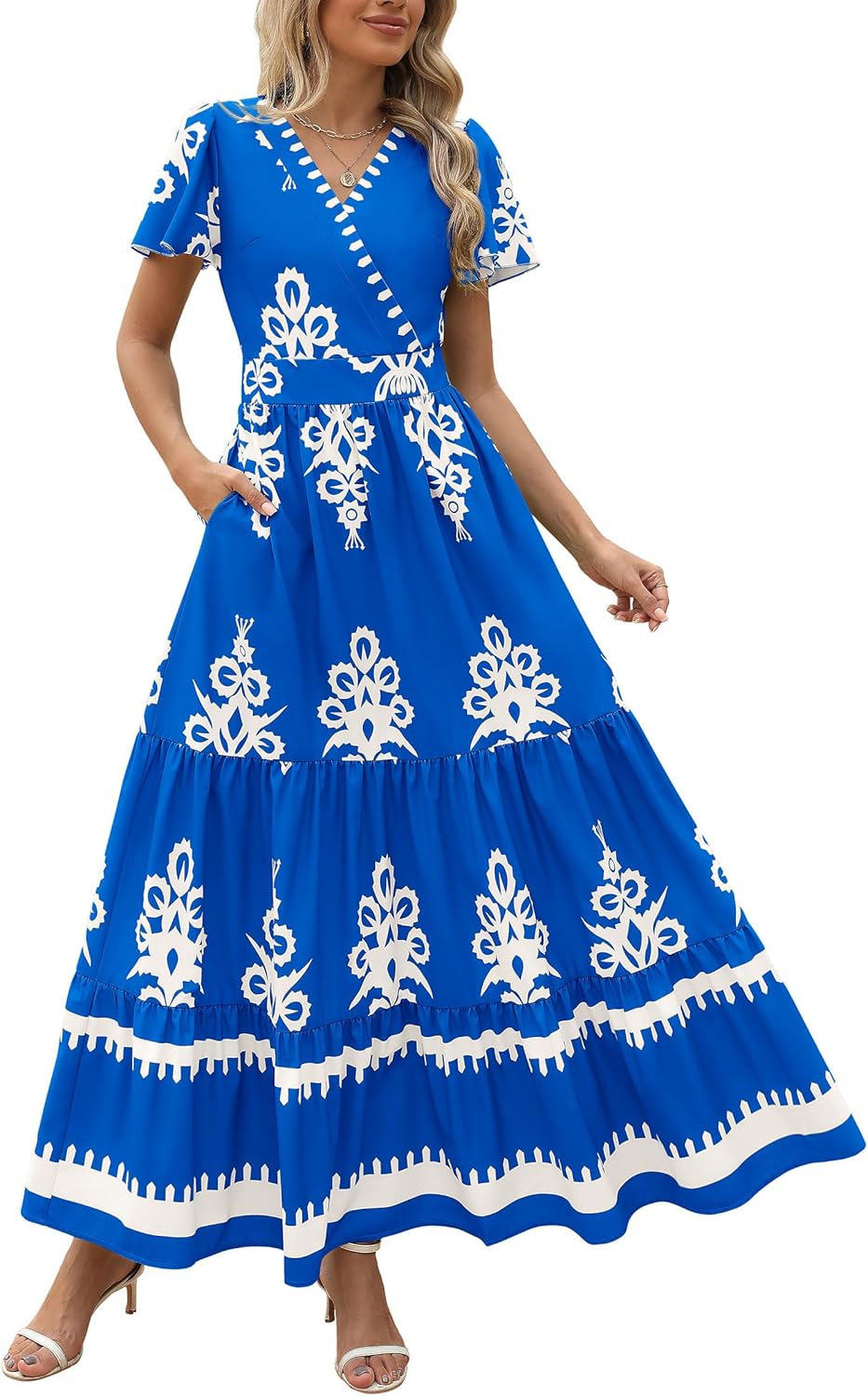 PRETTYGARDEN Womens Summer Casual V Neck Boho Maxi Dress