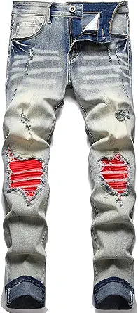 OIIIO Men's Patch Ripped Stretch Regular Fit Jean for Style