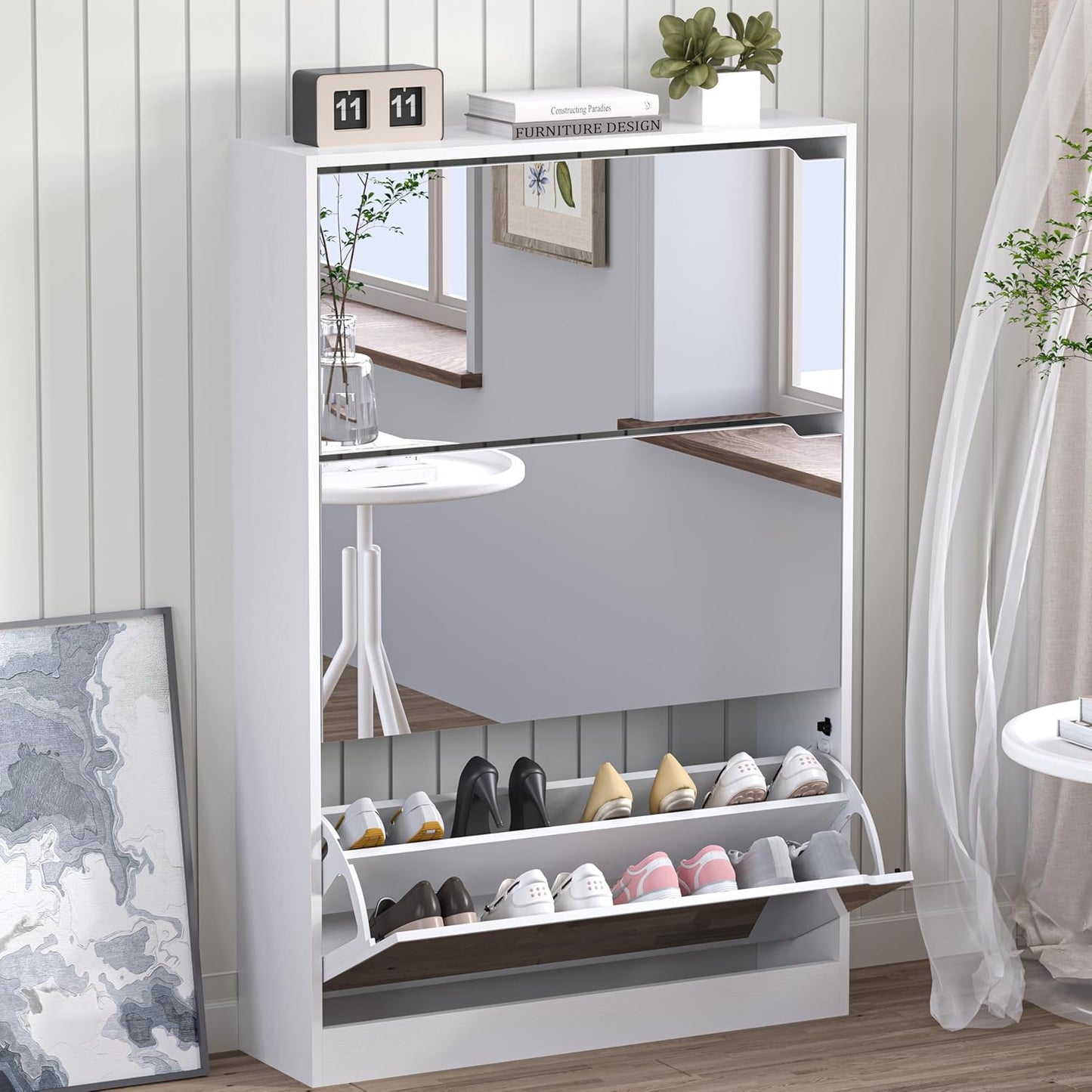 Shoe Cabinet with Mirror and 3 Flip Drawers for Entryway