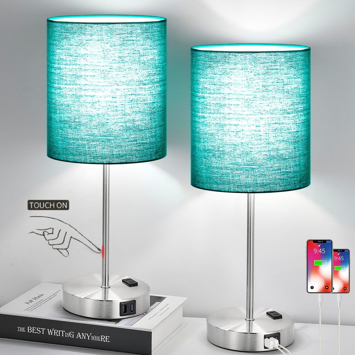 2023 NEW Green Touch Table Lamps Set of 2 with USB Ports