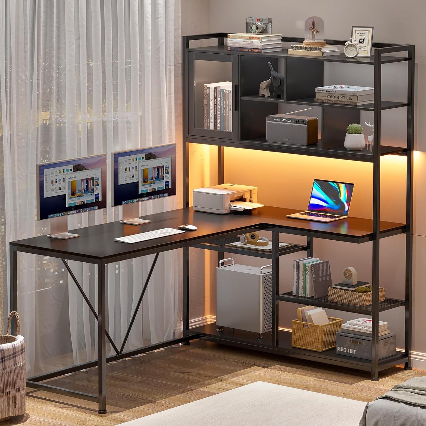58 L-Shaped Office Desk with LED Light & Bookshelf