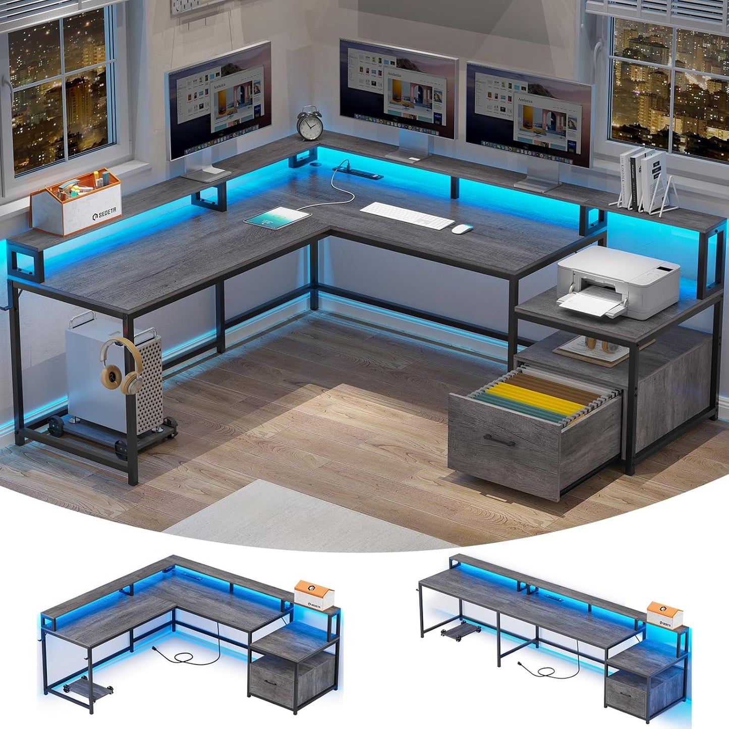SEDETA 66 L-Shaped Desk - Power Outlet, LED Lights